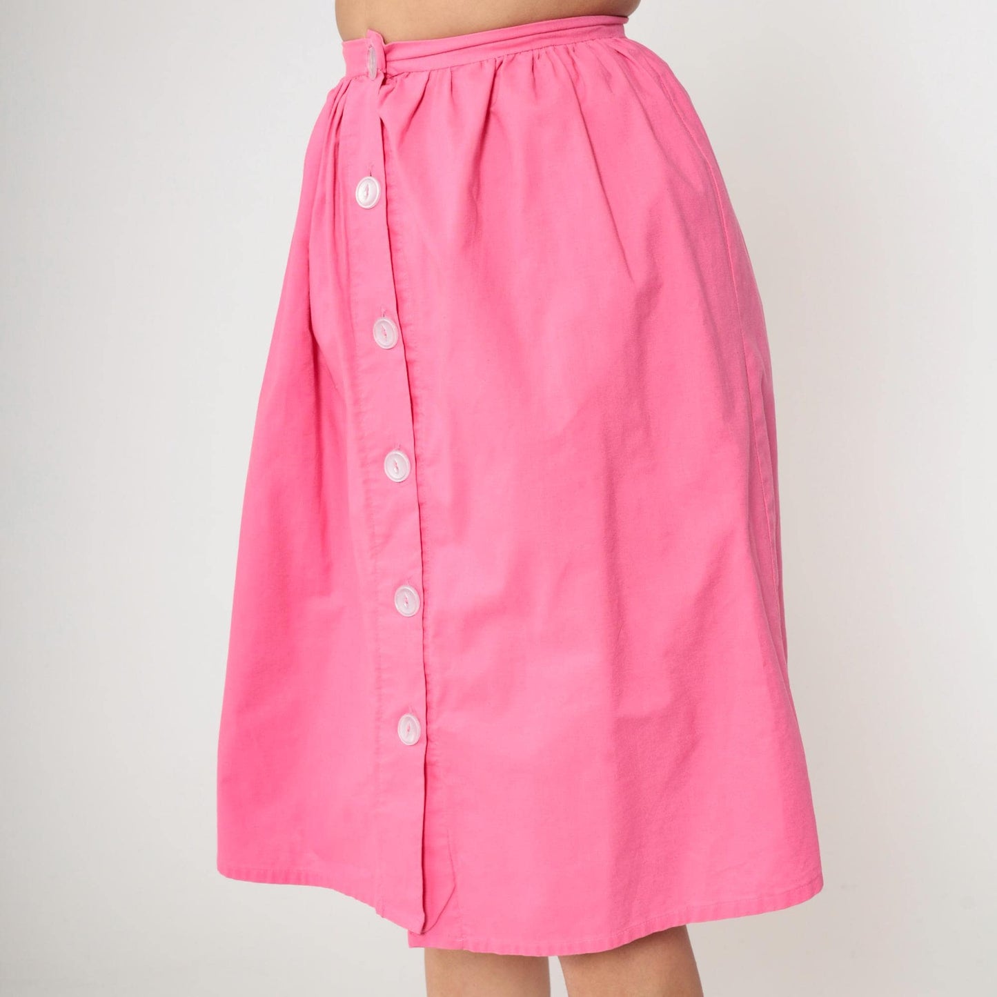 80s Bright Pink Button-Up Midi Skirt High Waist Gathered Small