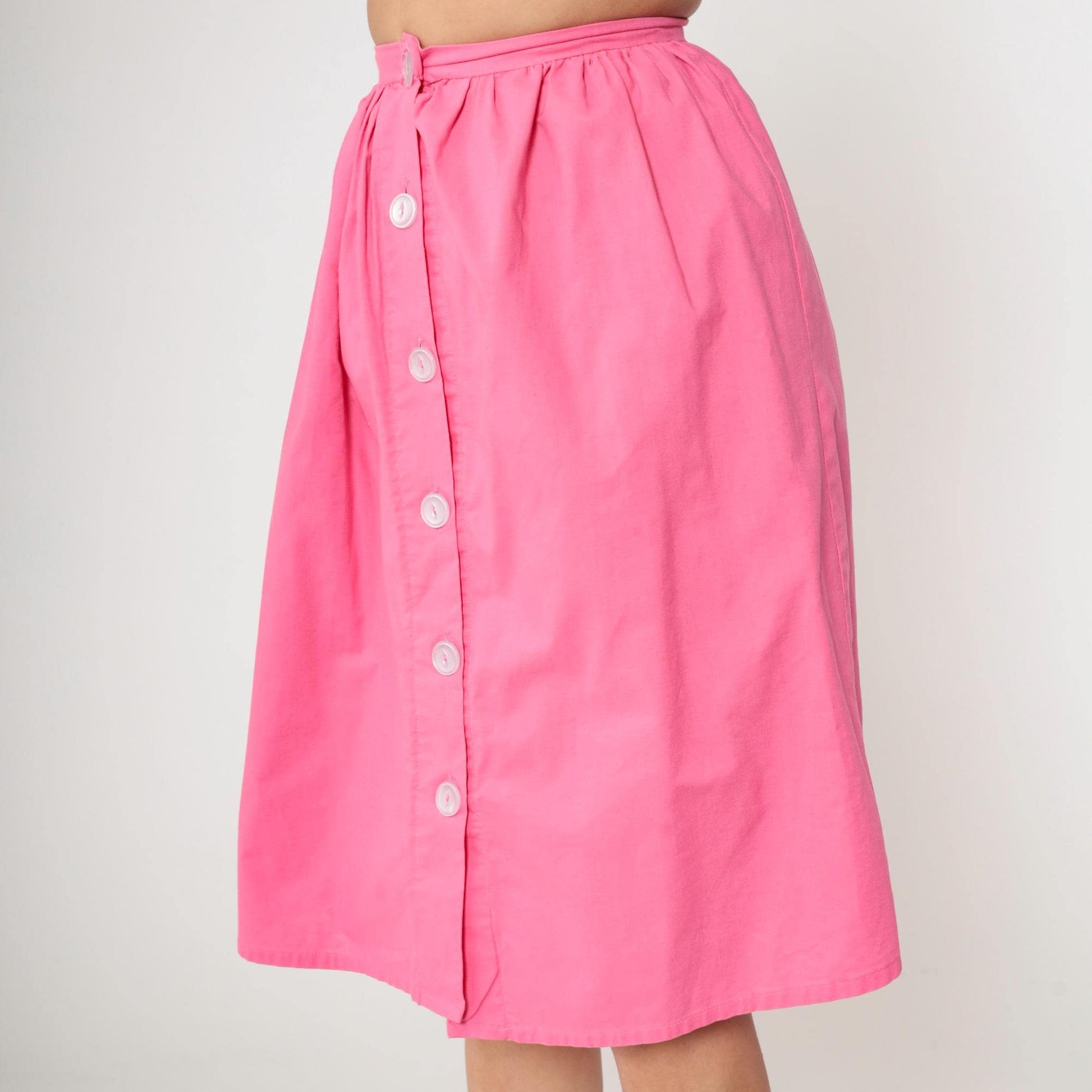 80s Bright Pink Button-Up Midi Skirt High Waist Gathered Small