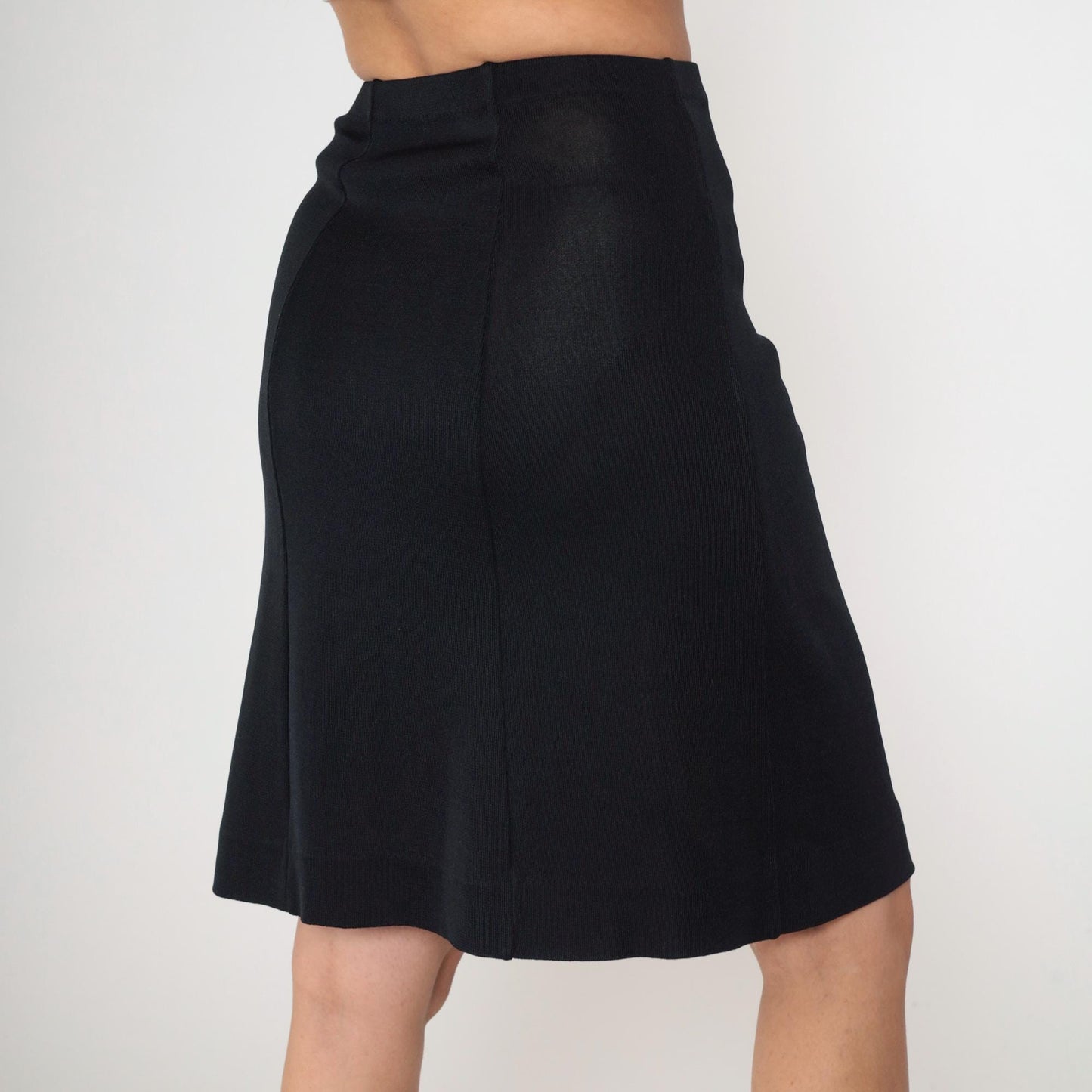 70s Black Knit Pencil Skirt High Waist Knee Length Extra Small