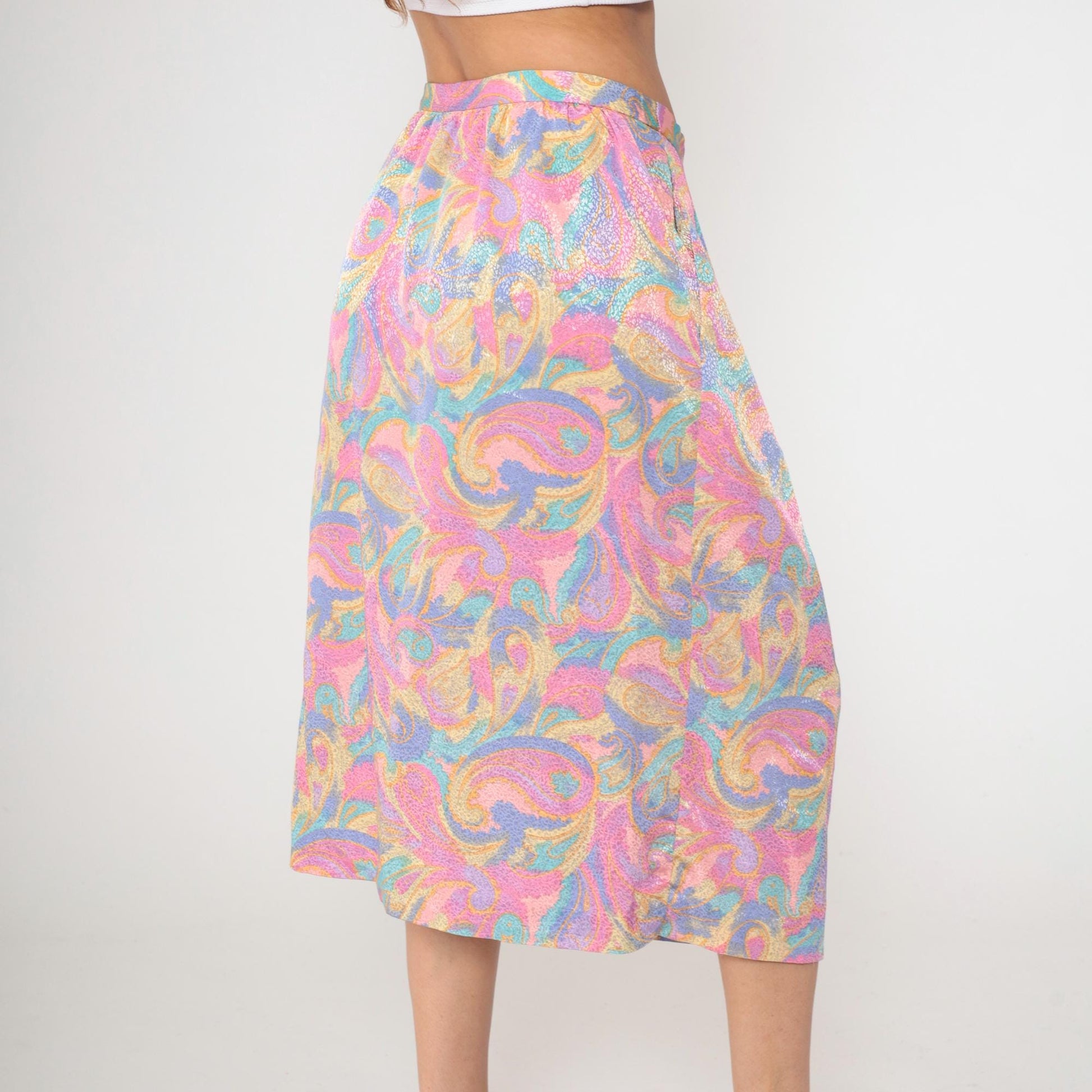 80s Pastel Paisley Midi Skirt High Waist Pleated Pockets Medium