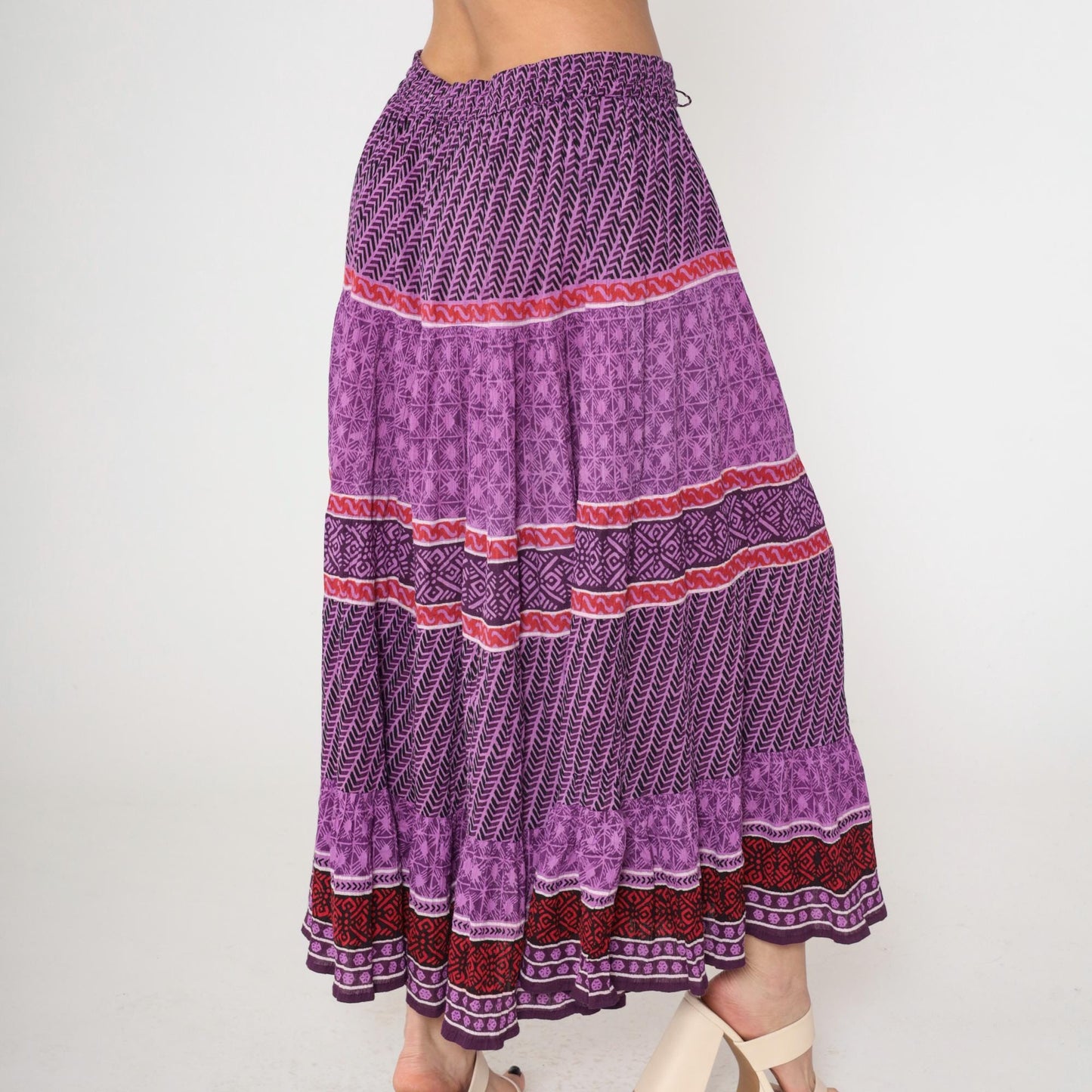 90s Purple Geometric Broomstick Maxi Skirt High Waist Drawstring Plus Size XXL