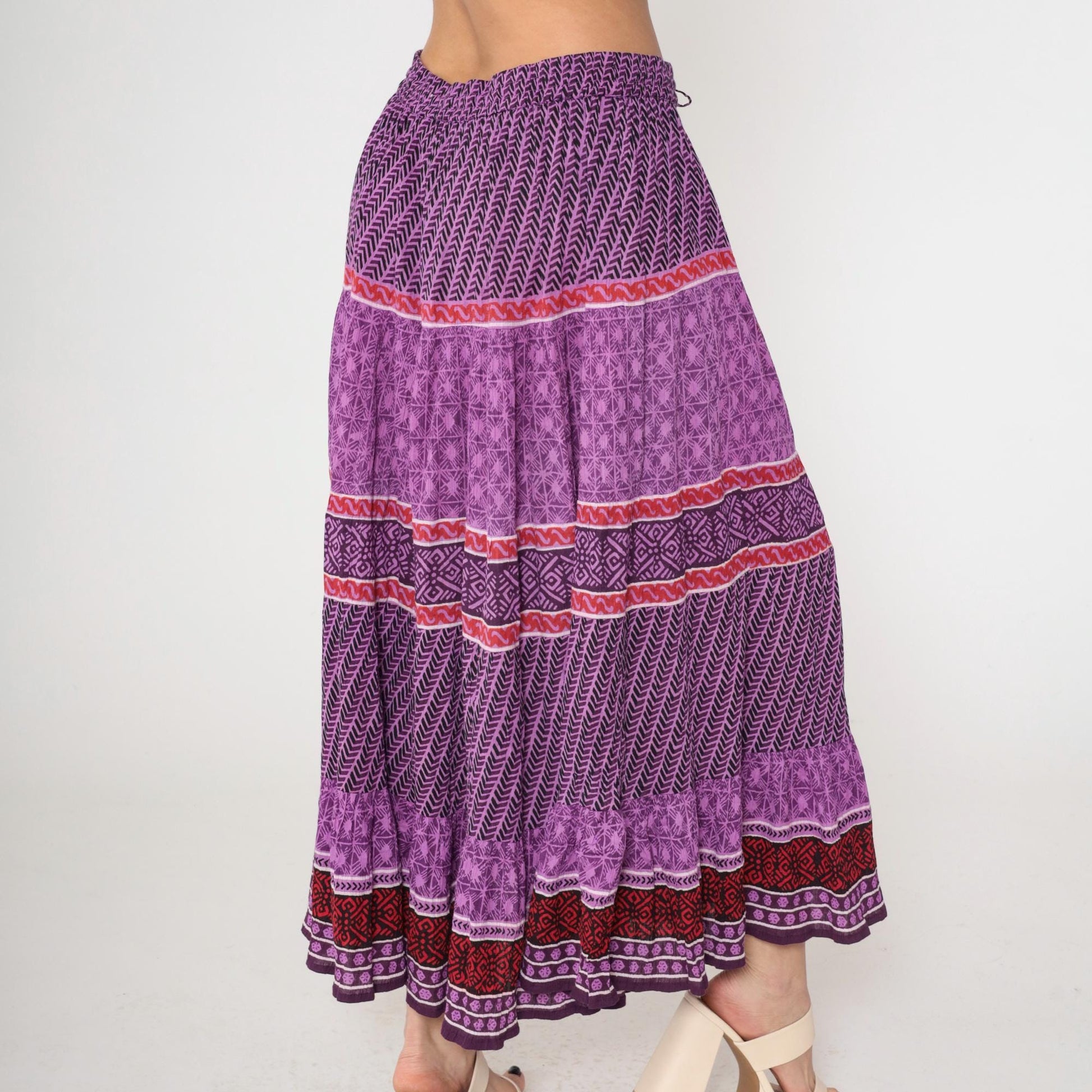 90s Purple Geometric Broomstick Maxi Skirt High Waist Drawstring Plus Size XXL