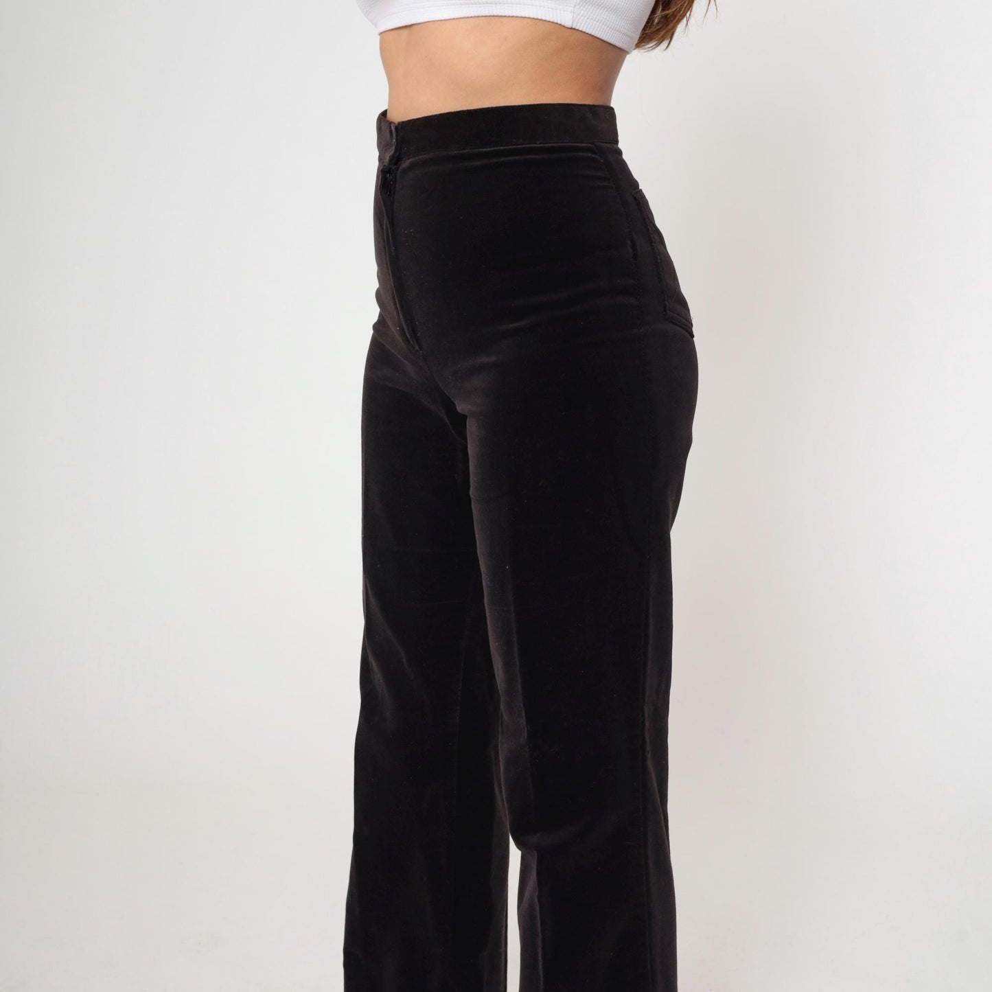 80s Brown Velvet High-Waisted Straight Leg Trousers Small S