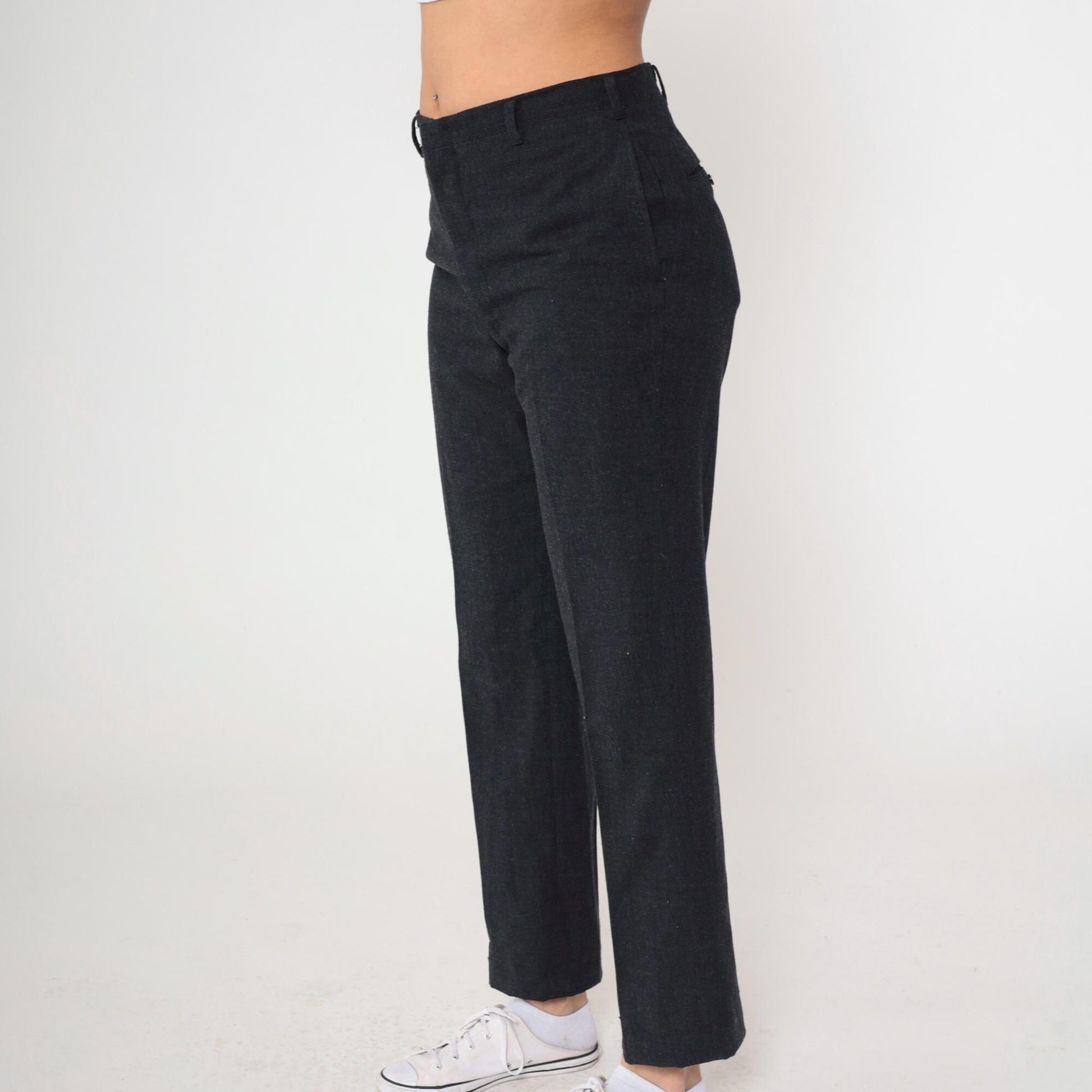 80s Wool Blend High-Waisted Straight Leg Trousers Charcoal Grey Medium