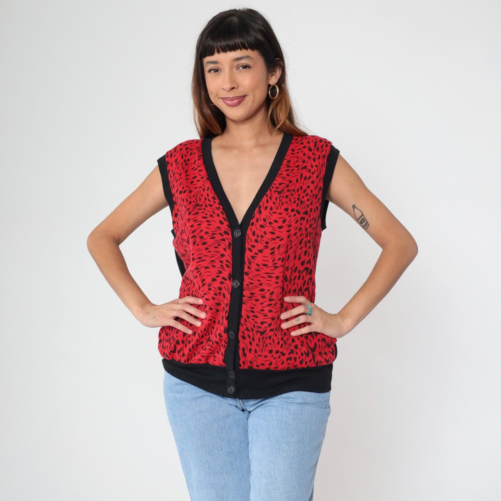 80s C'est George Red Leopard Print Vest V-Neck Sleeveless Button-Up Large L