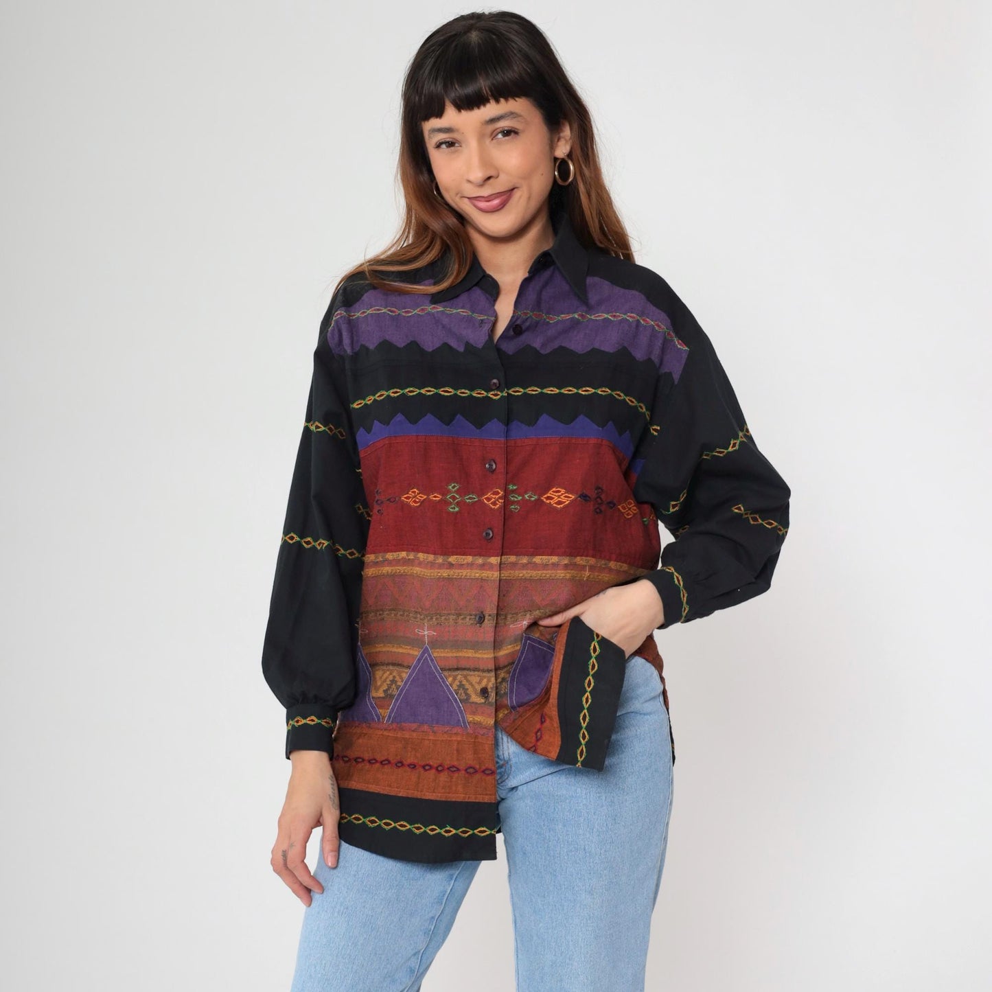 90s Sandy Starkman Geometric Patchwork Button Up Shirt Black Cotton Small