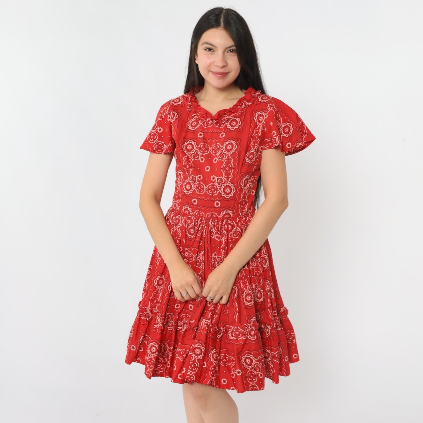 70s Red Handkerchief Print Square Dance Dress Flutter Sleeve Midi Small