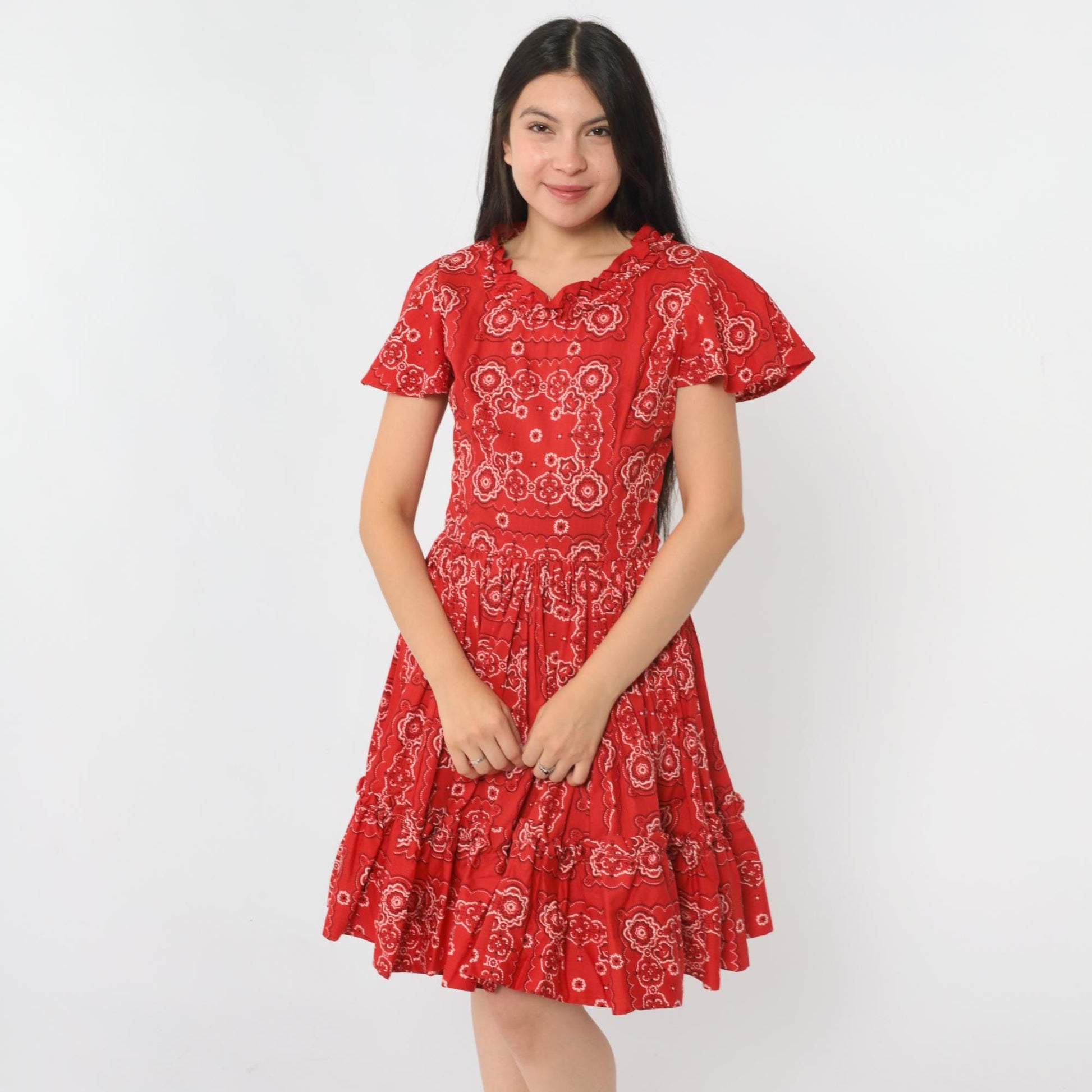 70s Red Handkerchief Print Square Dance Dress Flutter Sleeve Midi Small