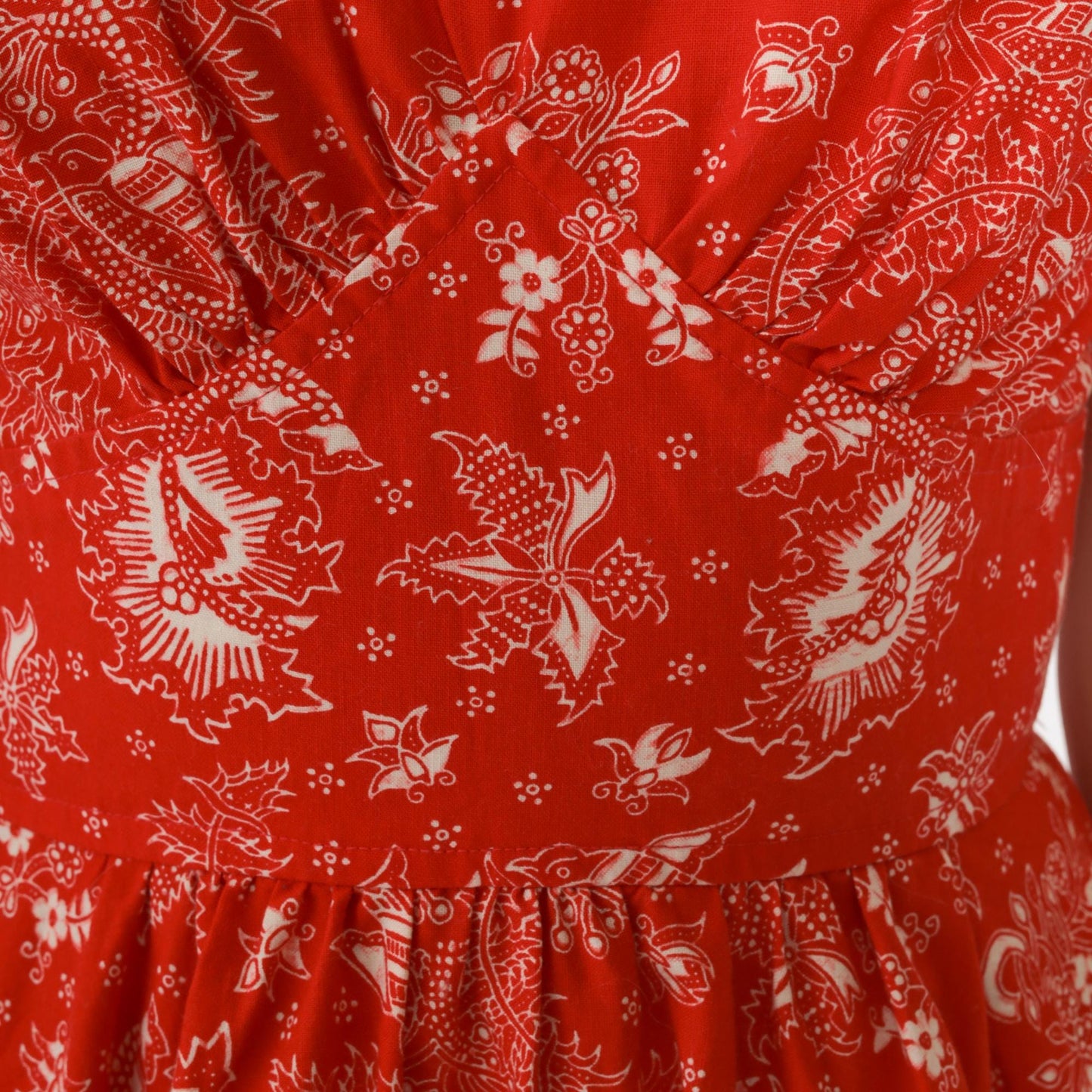 70s Red Floral Bird Print Sleeveless Dress High Waist V Neck Extra Small