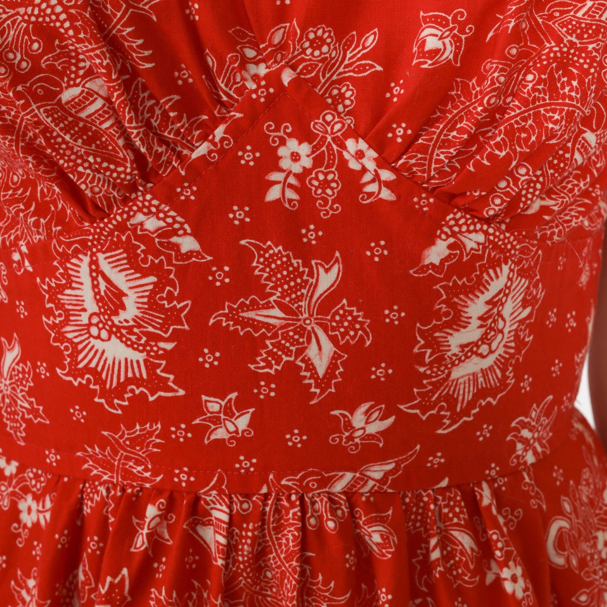 70s Red Floral Bird Print Sleeveless Dress High Waist V Neck Extra Small
