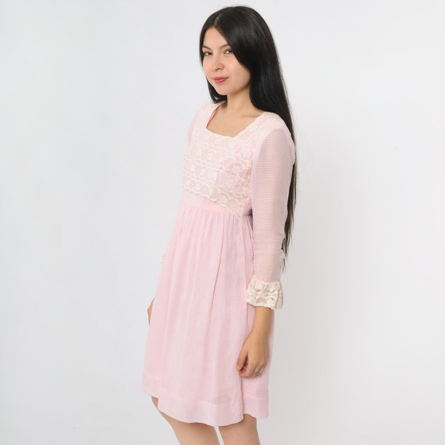 60s Pink Lace Babydoll Dress Empire Waist Mini 3/4 Sleeve Extra Small