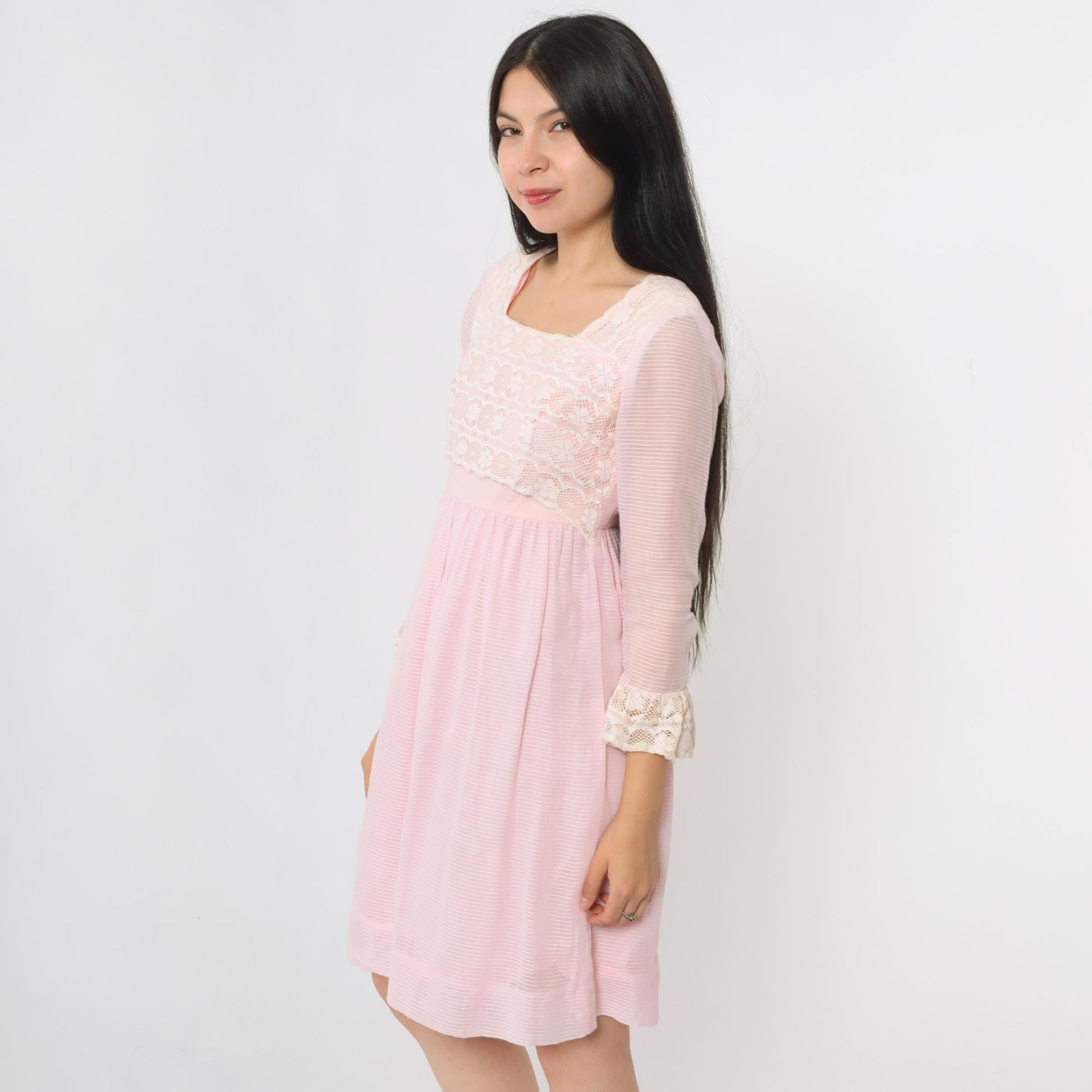 60s Pink Lace Babydoll Dress Empire Waist Mini 3/4 Sleeve Extra Small