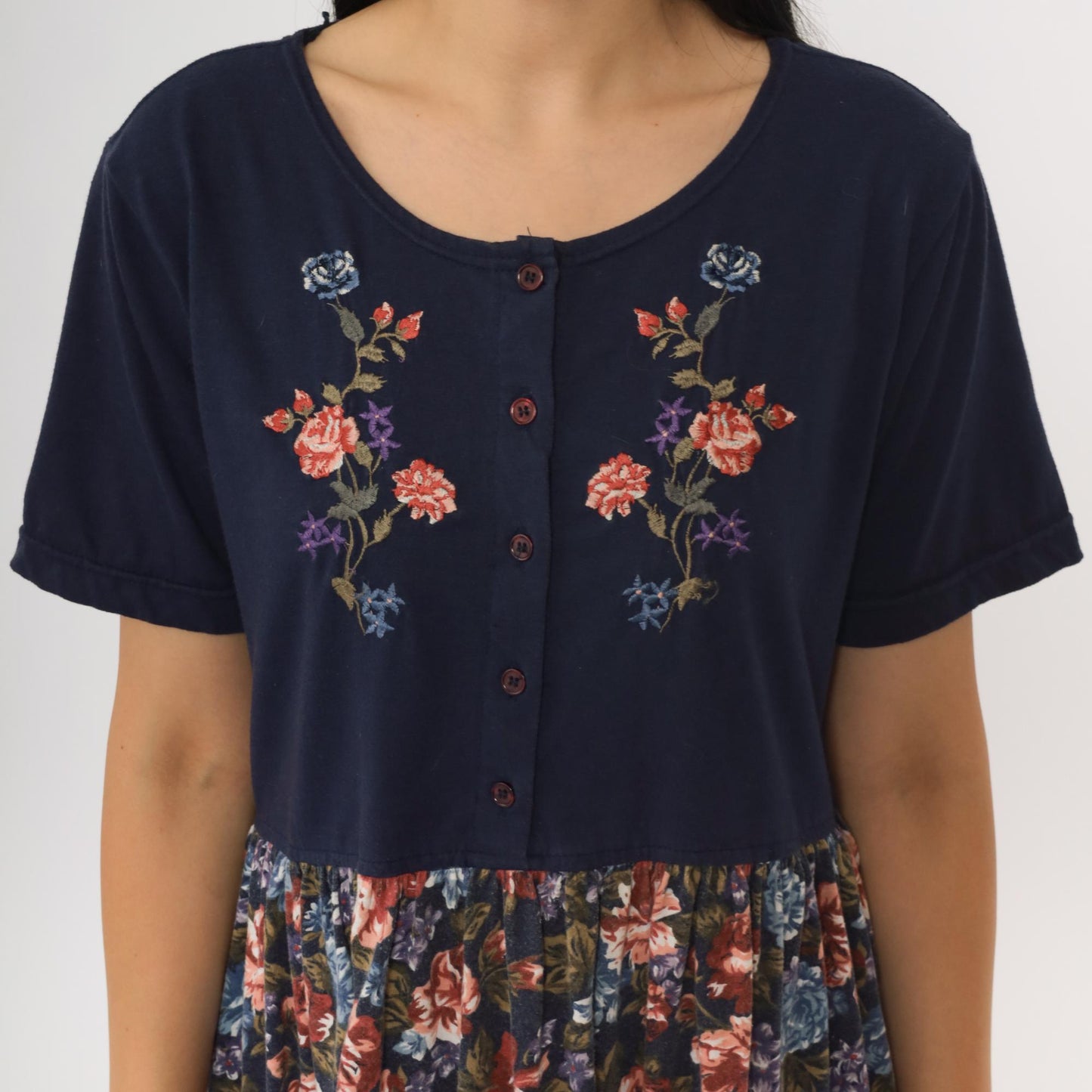 90s Sweetbriar Navy Floral Mini Dress Button Up Embroidered Medium M
