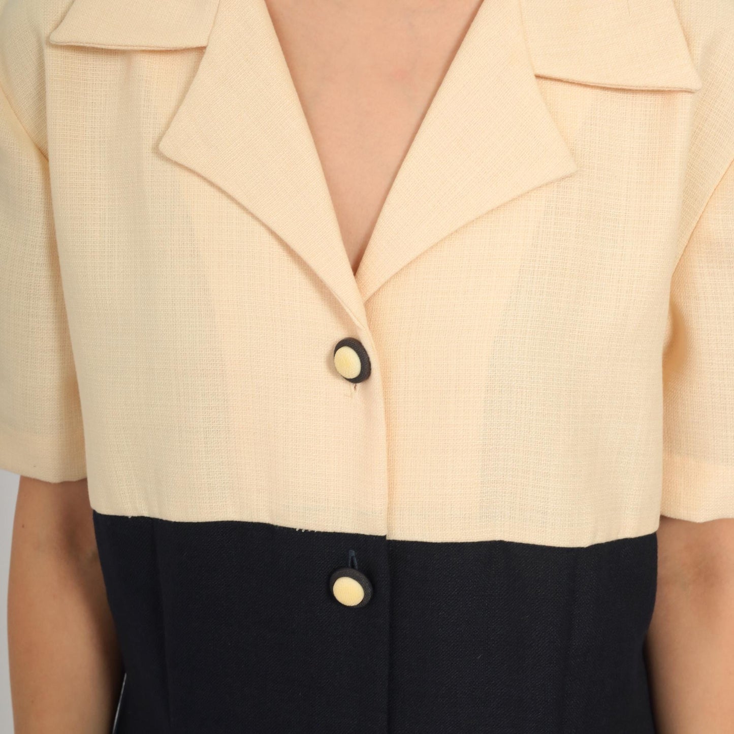 90s Two-Tone Mini Shirtdress Cream Black Empire Waist Button-Up Large