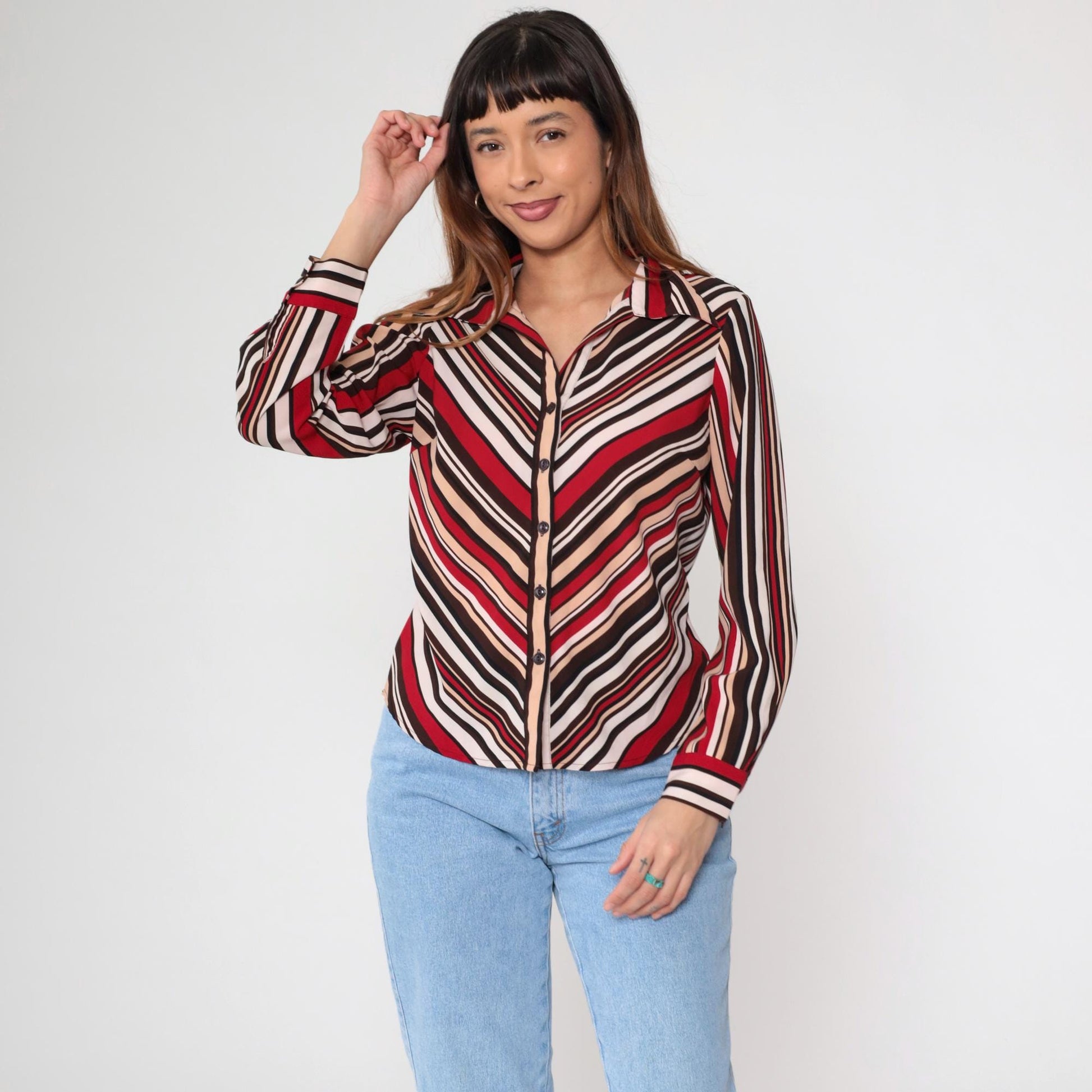 Y2K Chevron Stripe Button Up Blouse Red Brown Tan White Long Sleeve Small S