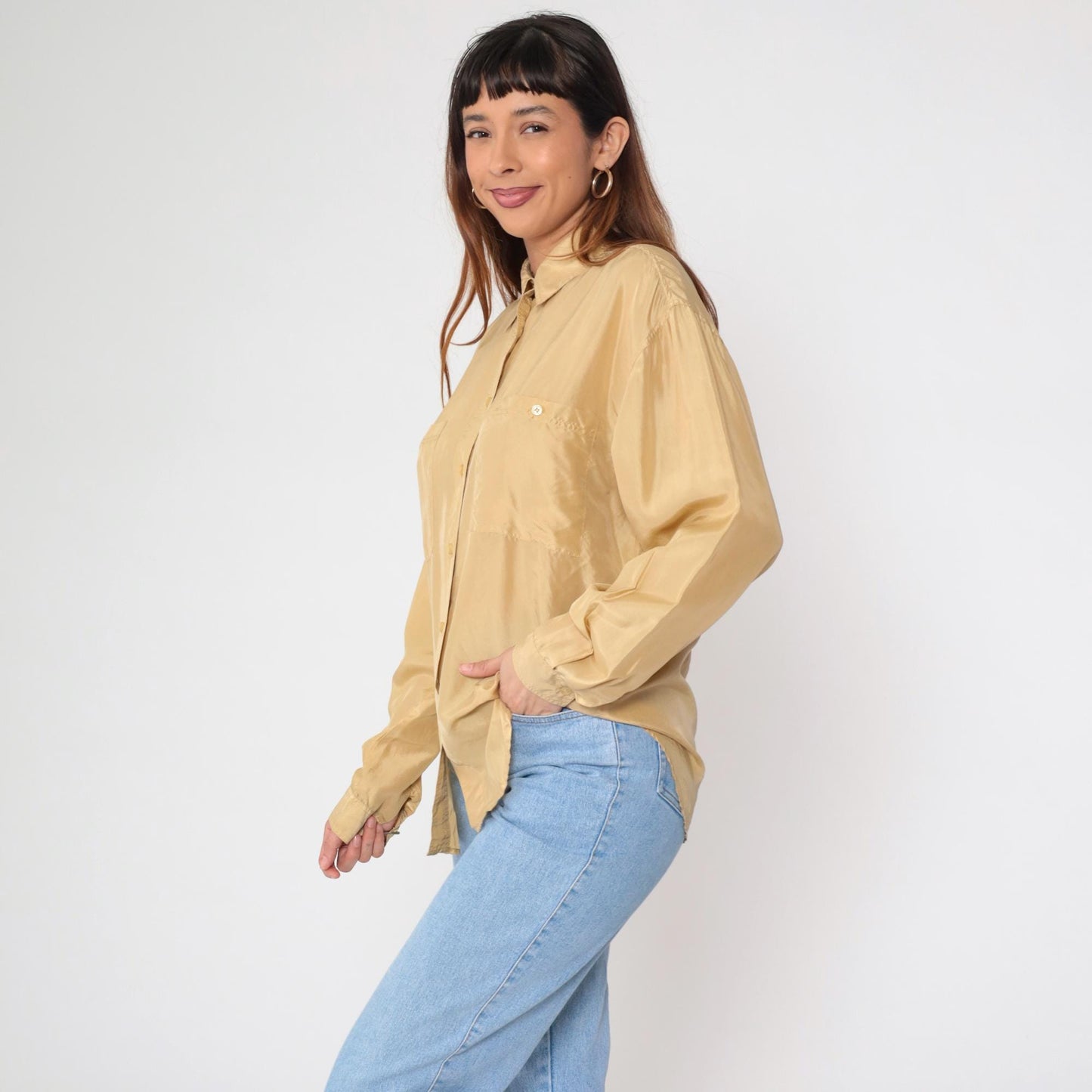 90s Champagne Silk Button-Up Blouse Long Sleeve Chest Pocket Small