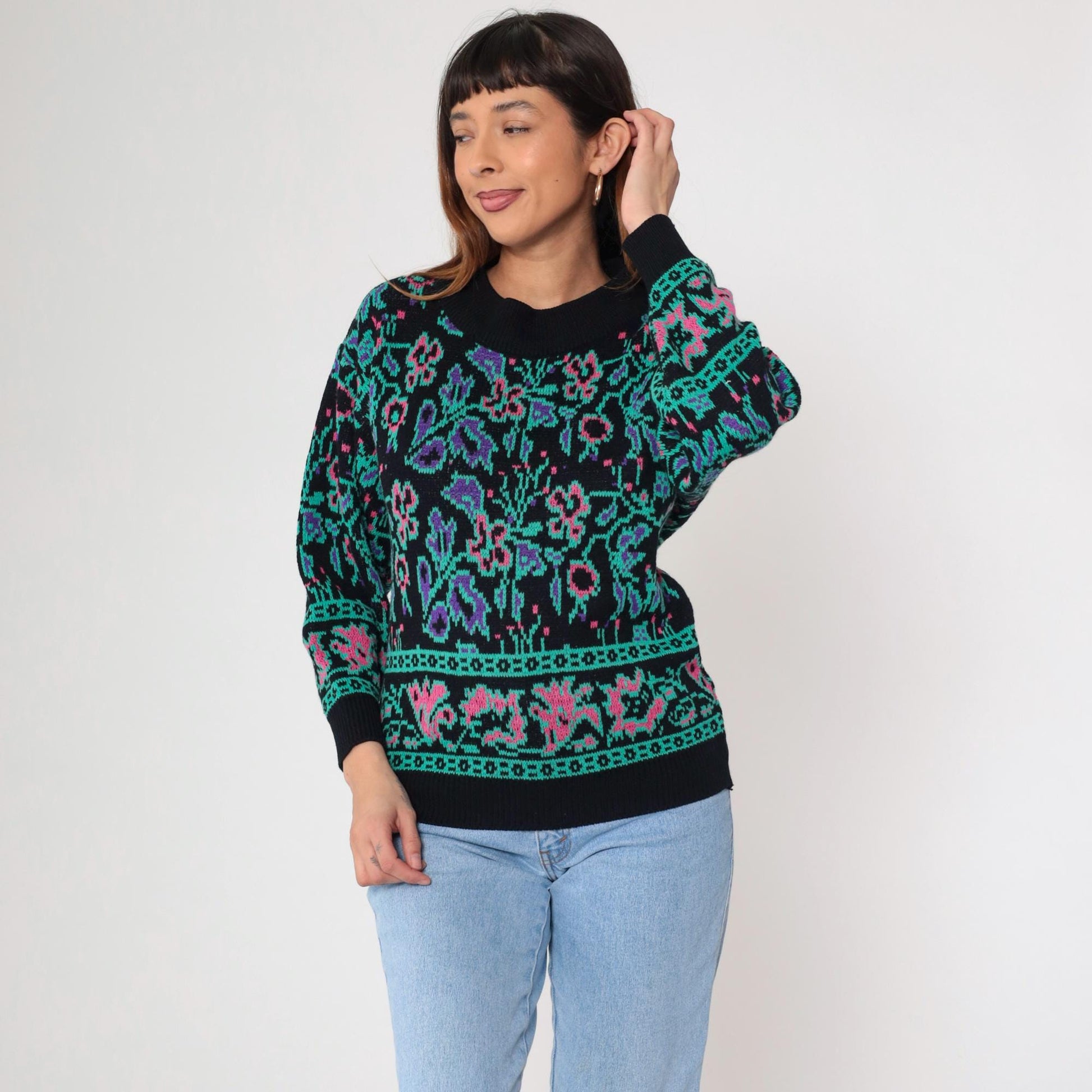 80s Abstract Floral Jacquard Sweater Black Knit Crewneck Small