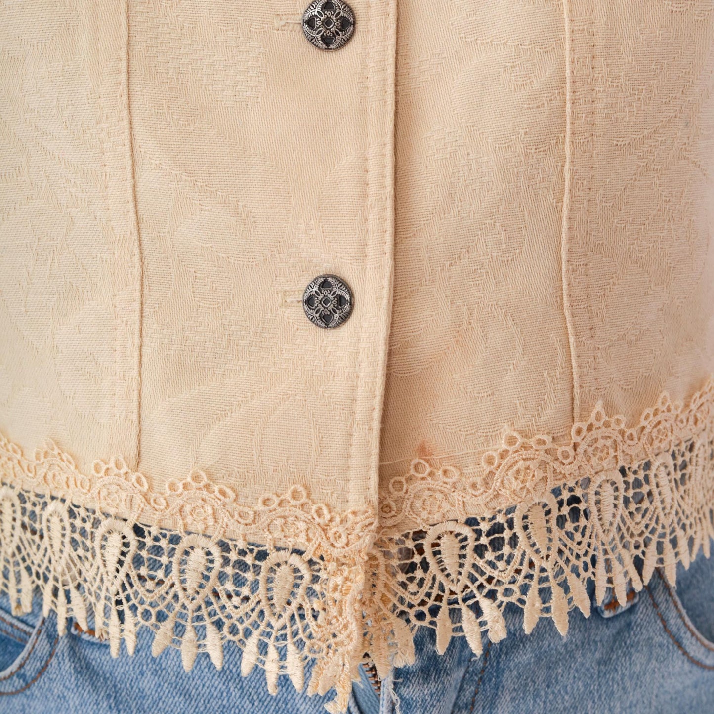 90s Cream Floral Jacquard Vest Cotton Button Up Cropped Medium M
