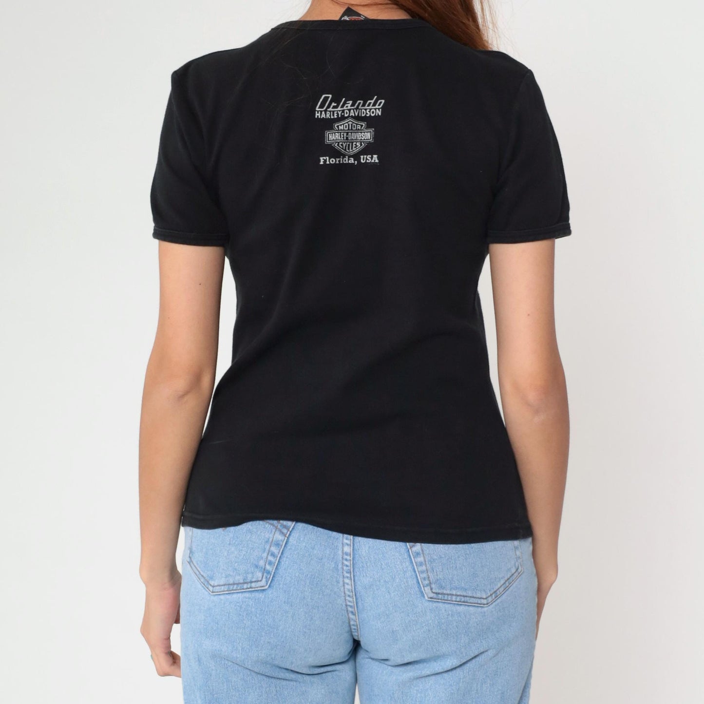 Y2K Harley Davidson Studded Black T-Shirt Orlando Florida Graphic Tee Medium M