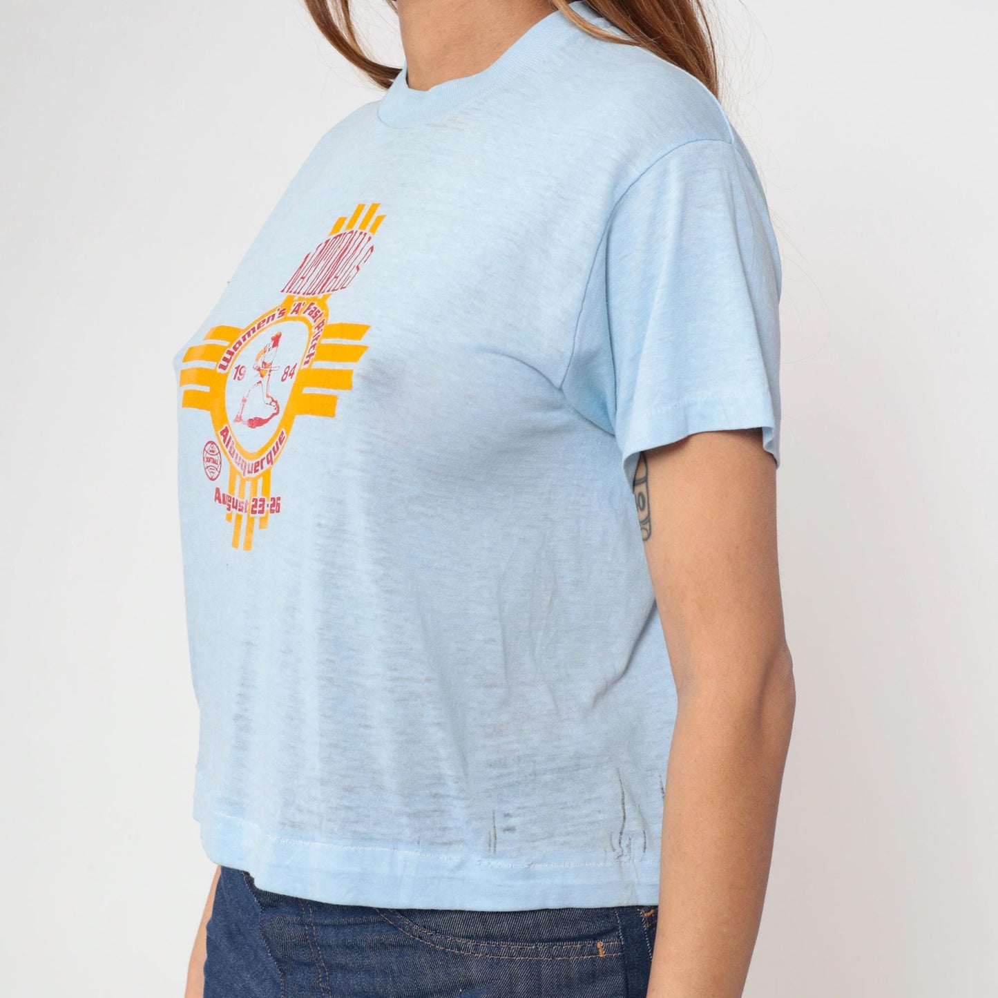 80s Albuquerque Women's A Fast Pitch Softball Graphic Tee Baby Blue Cropped Medium