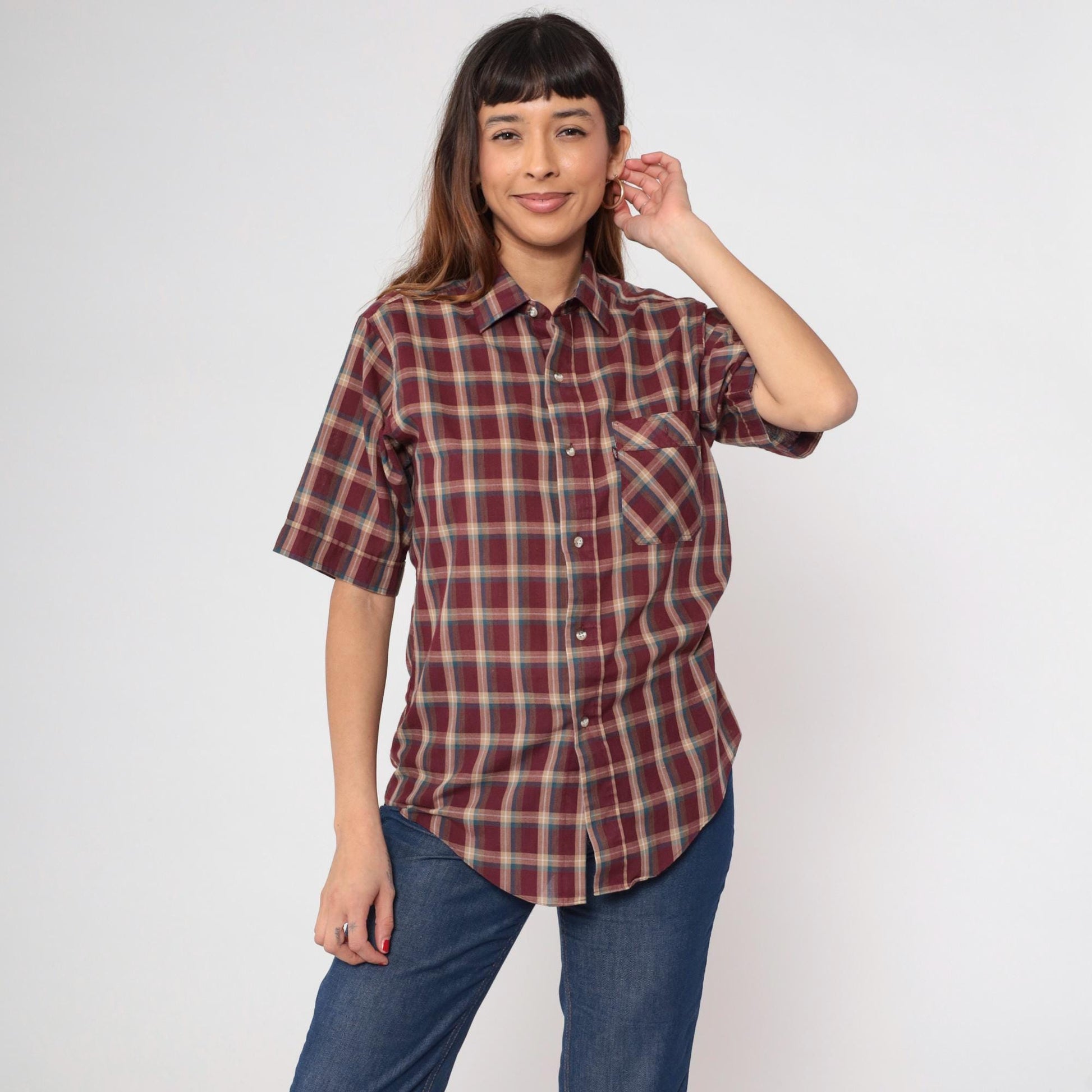80s Levi's Plaid Button Up Shirt Burgundy Tan Checkered Short Sleeve Medium