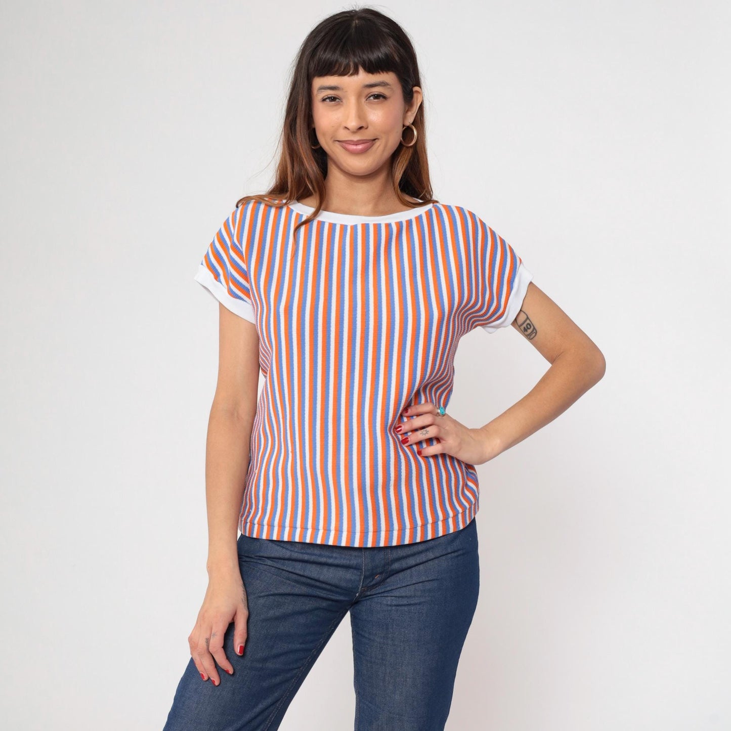 80s Striped Ringer Tee White Orange Blue Cap Sleeve Shirt Medium