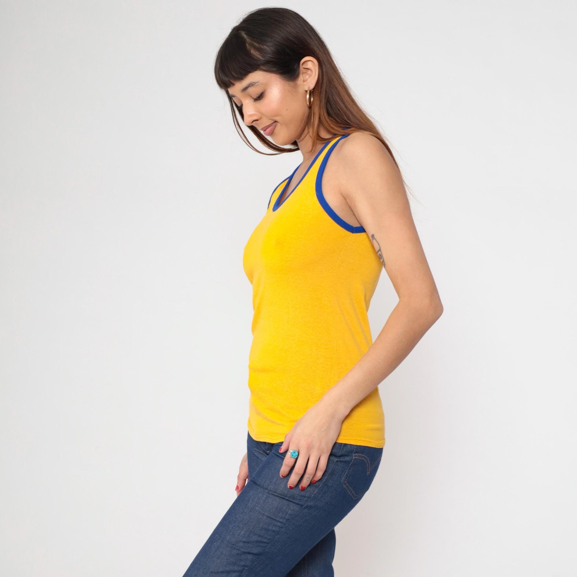 80s Russell Mills Yellow Ringer Tank Top #3 Athletic Small