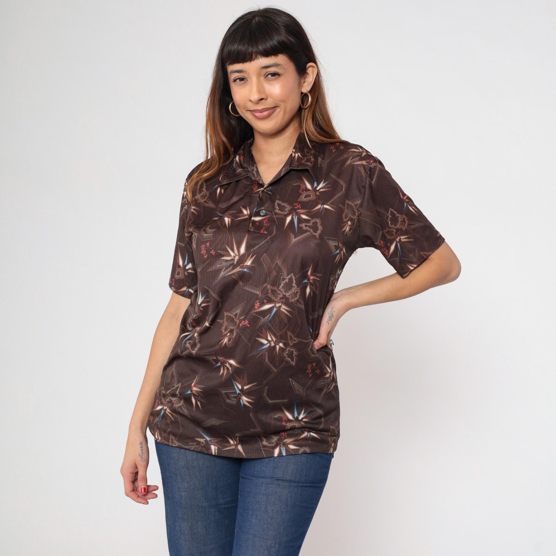 70s Stuart Mann Brown Geometric Print Button Up Shirt Dagger Collar Medium