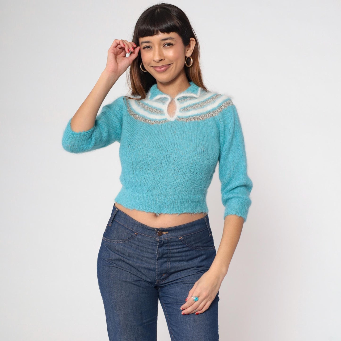 80s Blue Cropped Knit Sweater Keyhole Neckline Openwork Pullover Extra Small