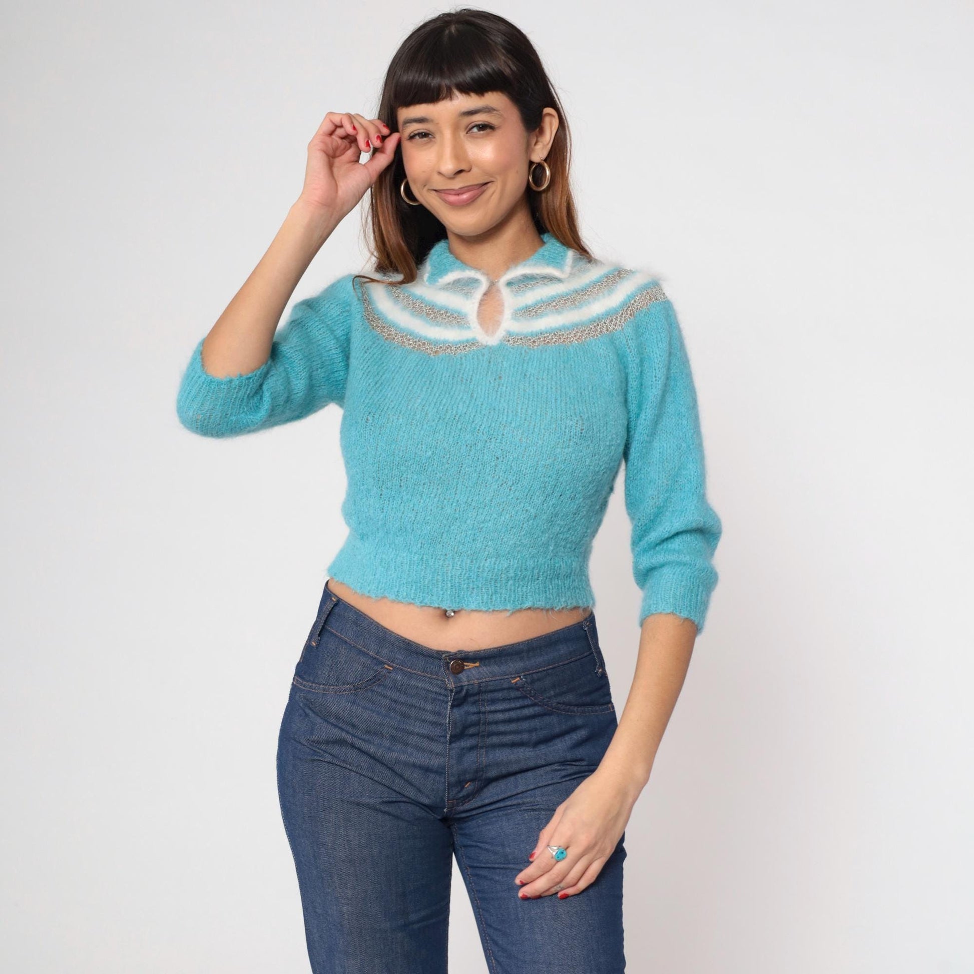 80s Blue Cropped Knit Sweater Keyhole Neckline Openwork Pullover Extra Small