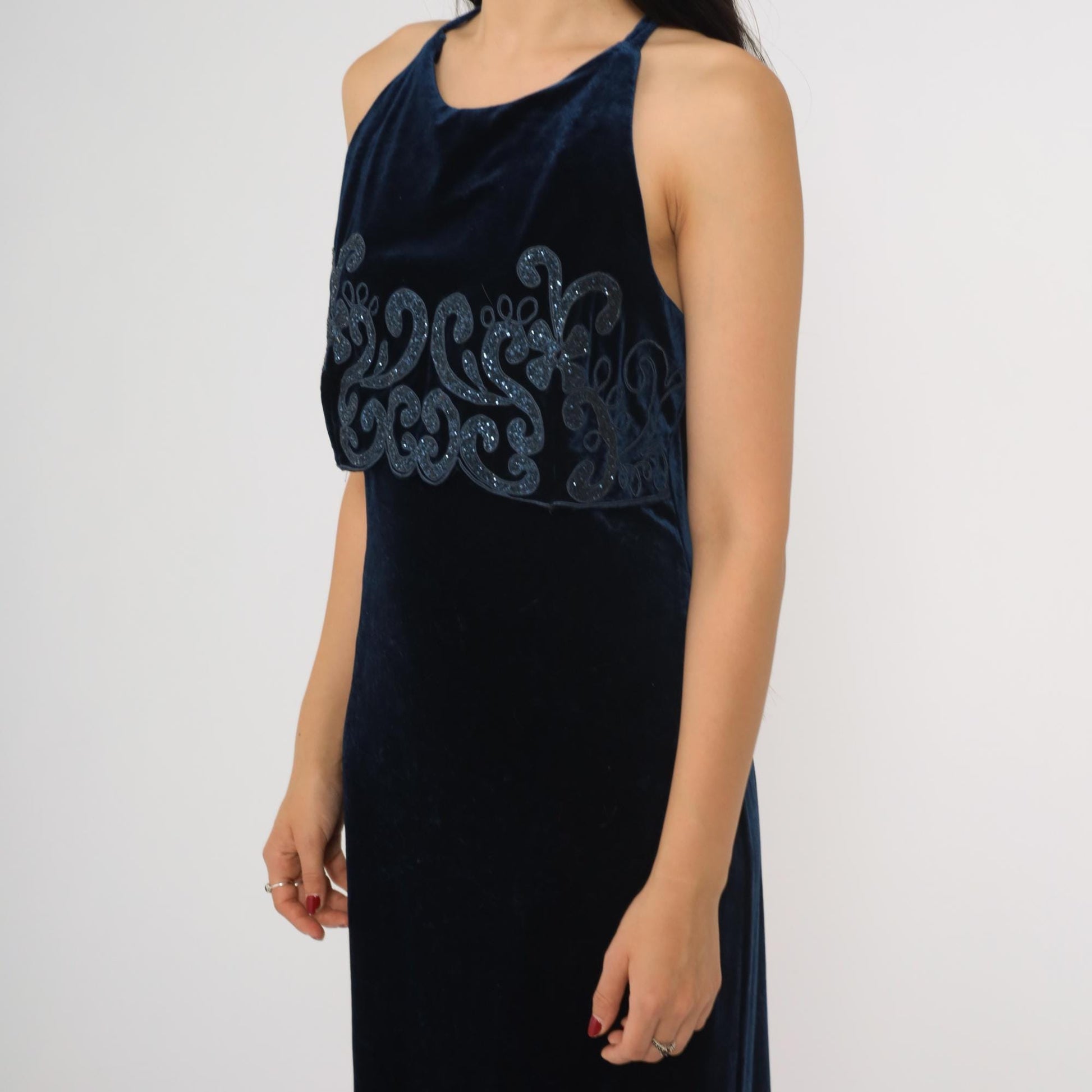90s Blue Velvet Maxi Dress Spaghetti Strap Glitter Soutache Medium