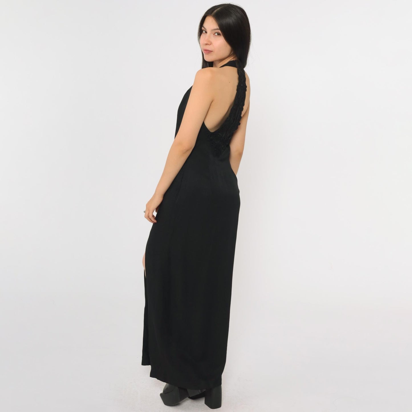 90s Jessica McClintock Gunne Sax Black Maxi Dress Racerback Embroidered Slit Small