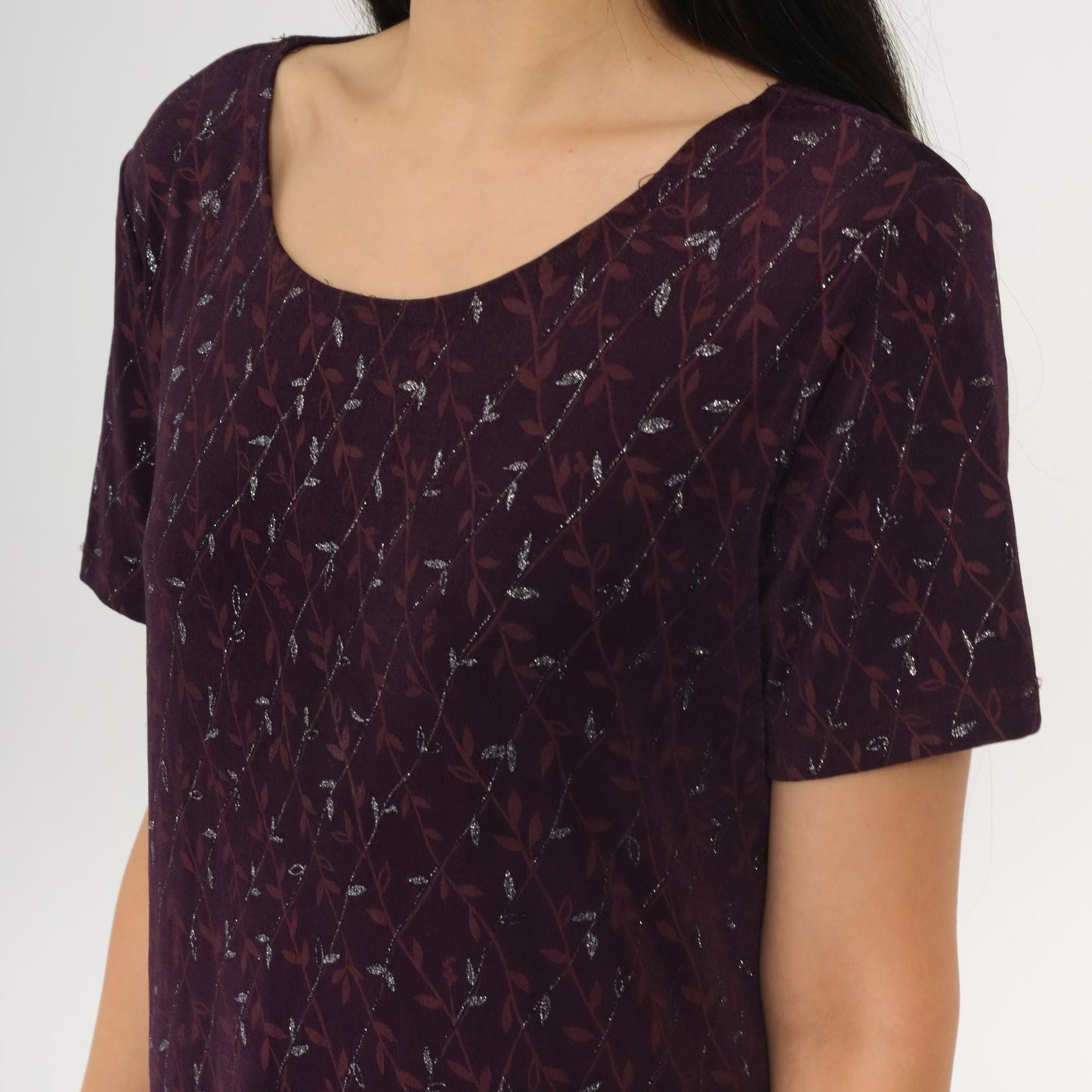 90s AGB Purple Floral Glitter Dress Knee-Length Short Sleeve Large L