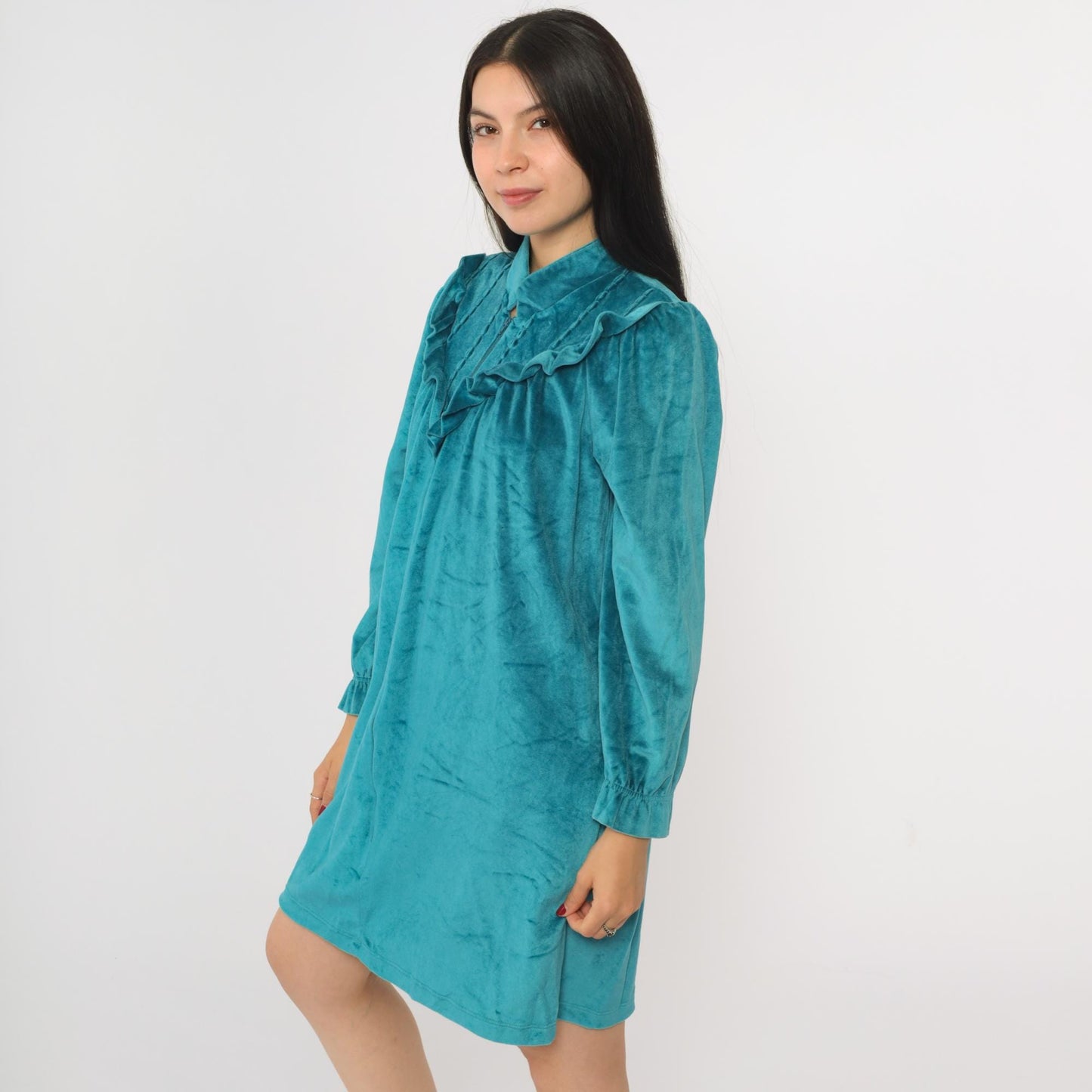 80s Lara Dee Velour Lounge Dress Teal Ruffled Yoke Zip Puff Sleeve Mini Medium