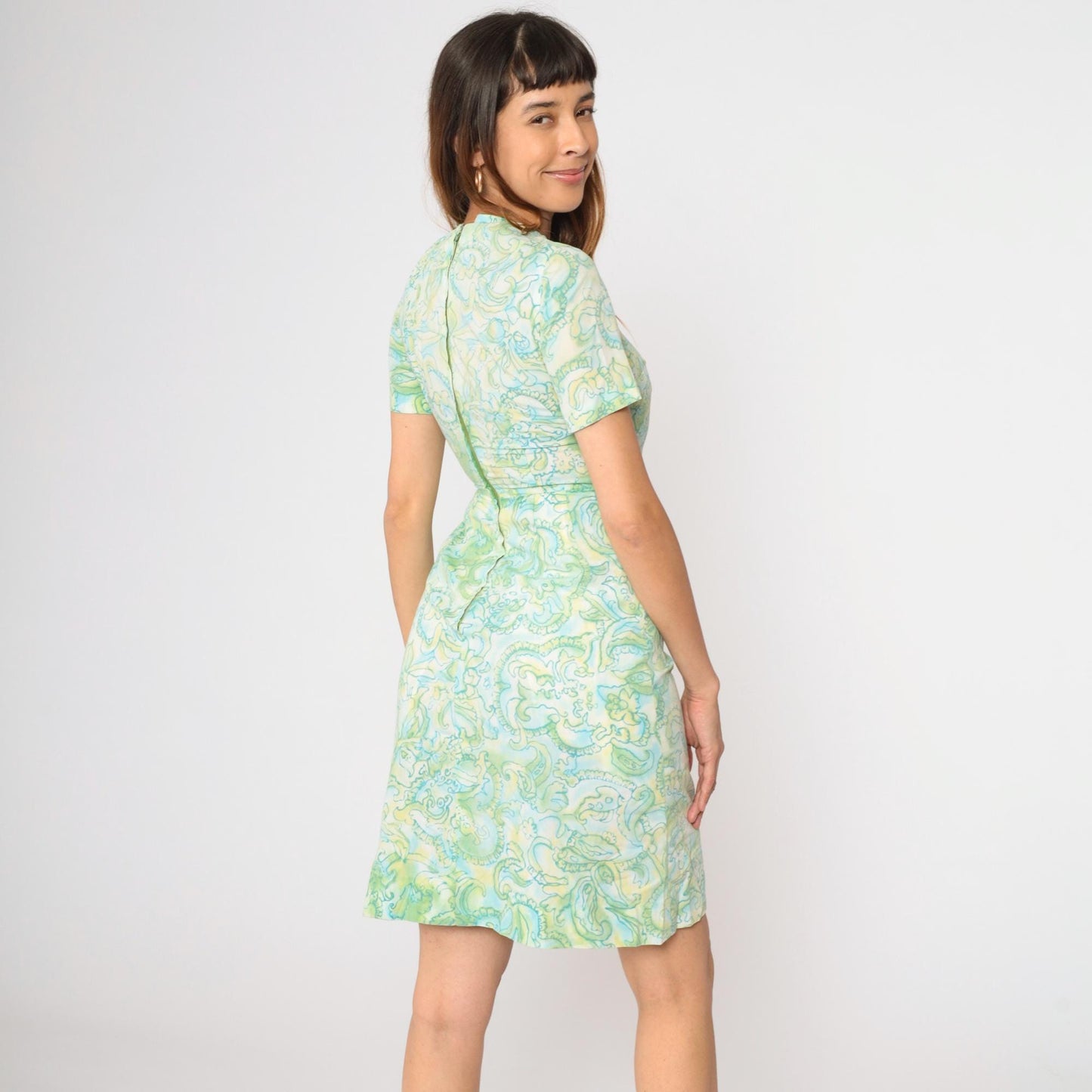 60s Abstract Floral Sheath Dress Green Blue Mini Short Sleeve Extra Small
