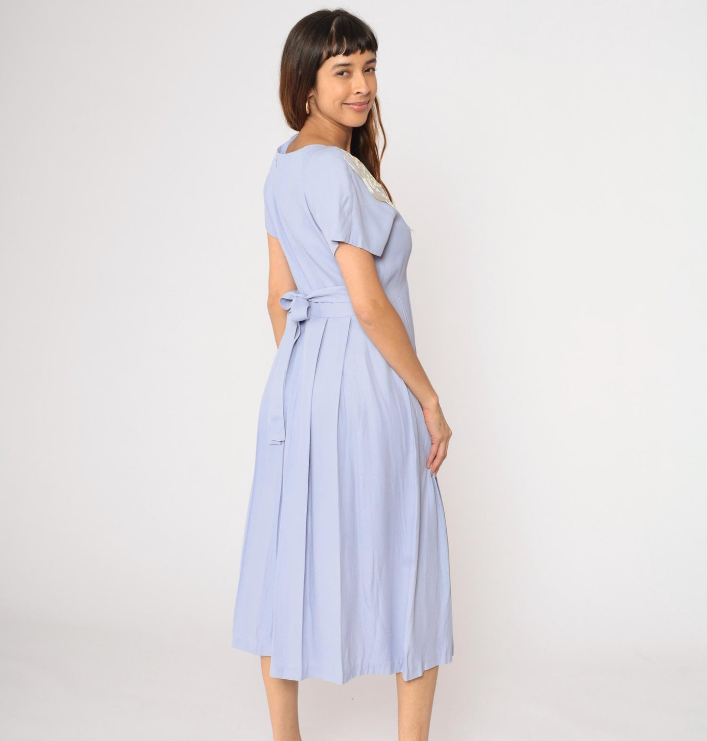 90s Lavender Midi Dress Soutache Lace Collar High Waist Pleated Small