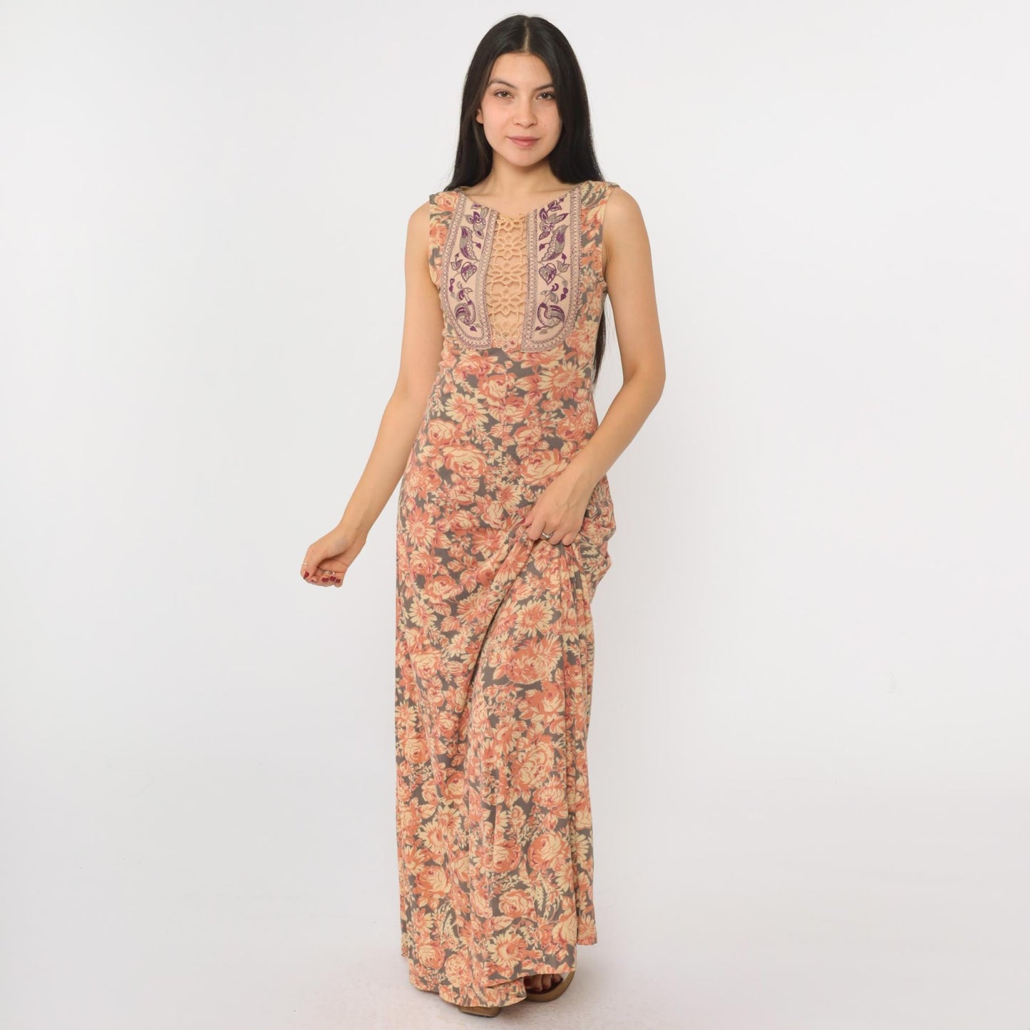 70s Floral Maxi Dress Embroidered Birds Keyhole Lace Sleeveless Grey Orange Extra Small