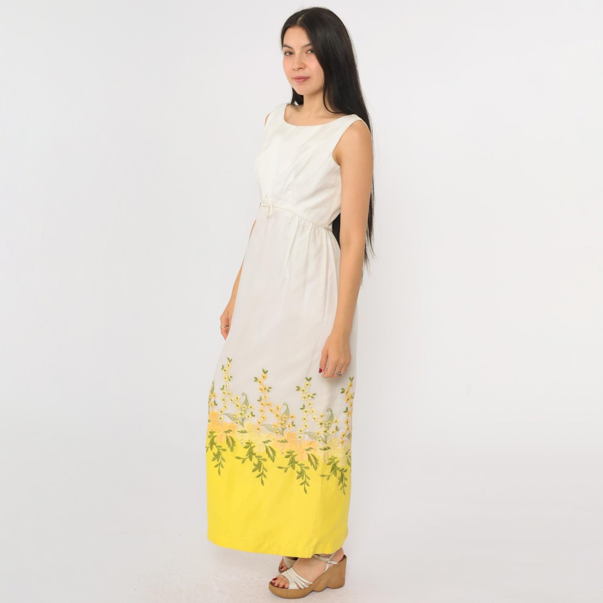 60s Franklin Simon Floral Embroidered Maxi Dress White Yellow Sleeveless Small