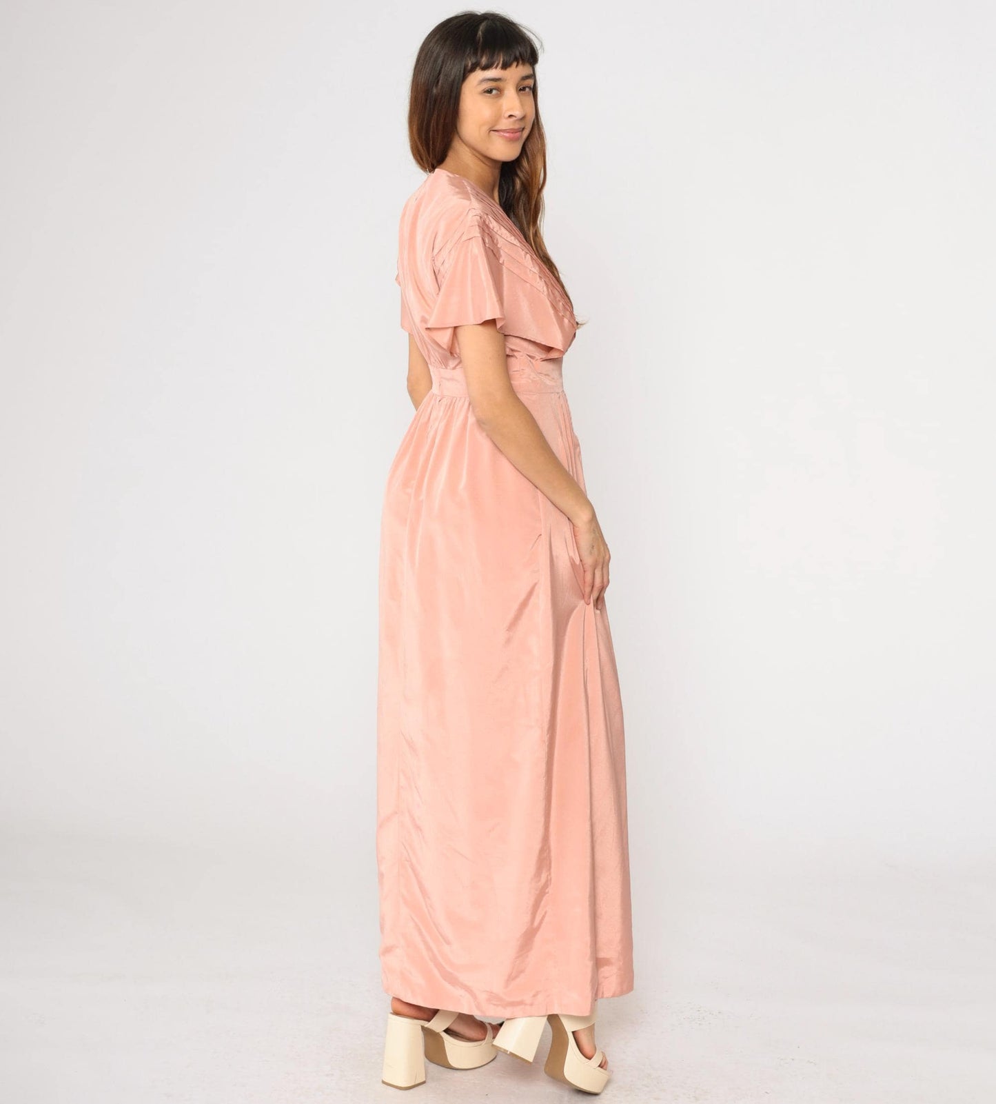 70s Pink Pleated Maxi Dress Flutter Sleeve V-Neck High Waist Front Slit Medium