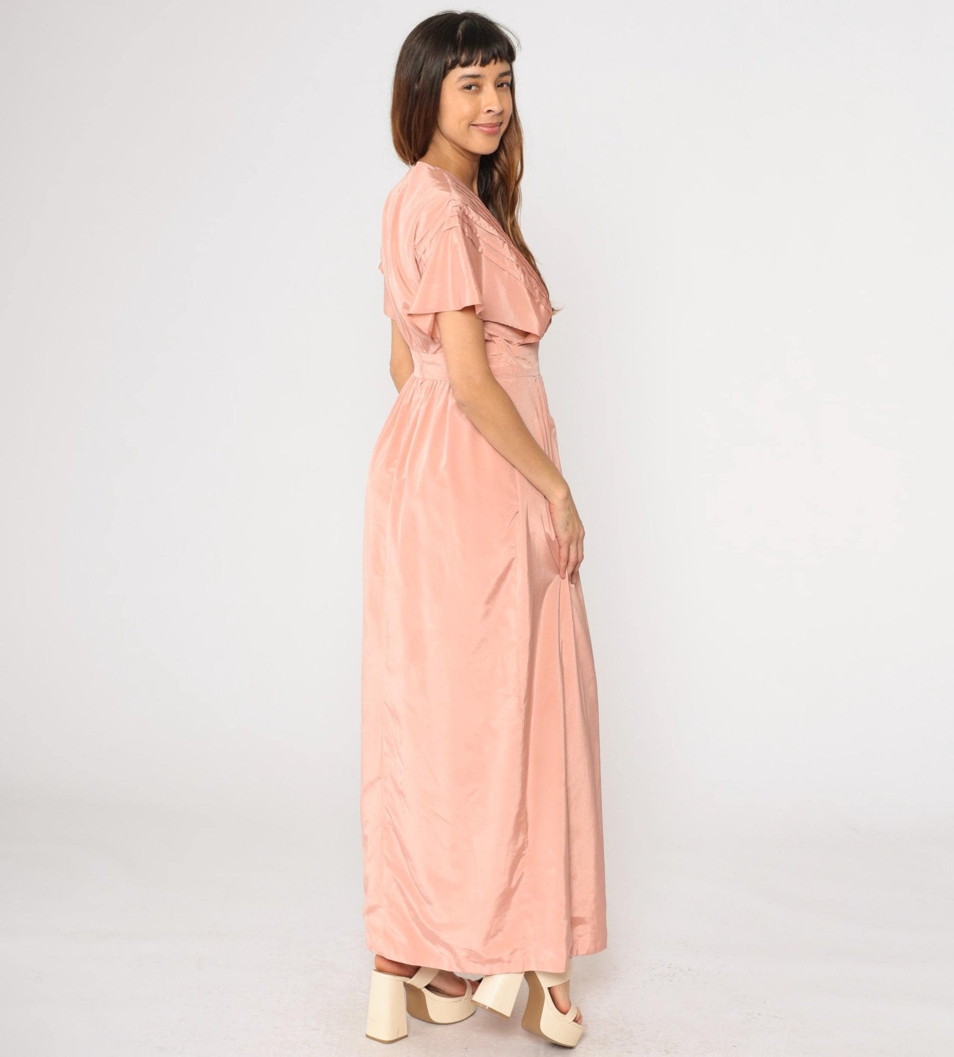 70s Pink Pleated Maxi Dress Flutter Sleeve V-Neck High Waist Front Slit Medium