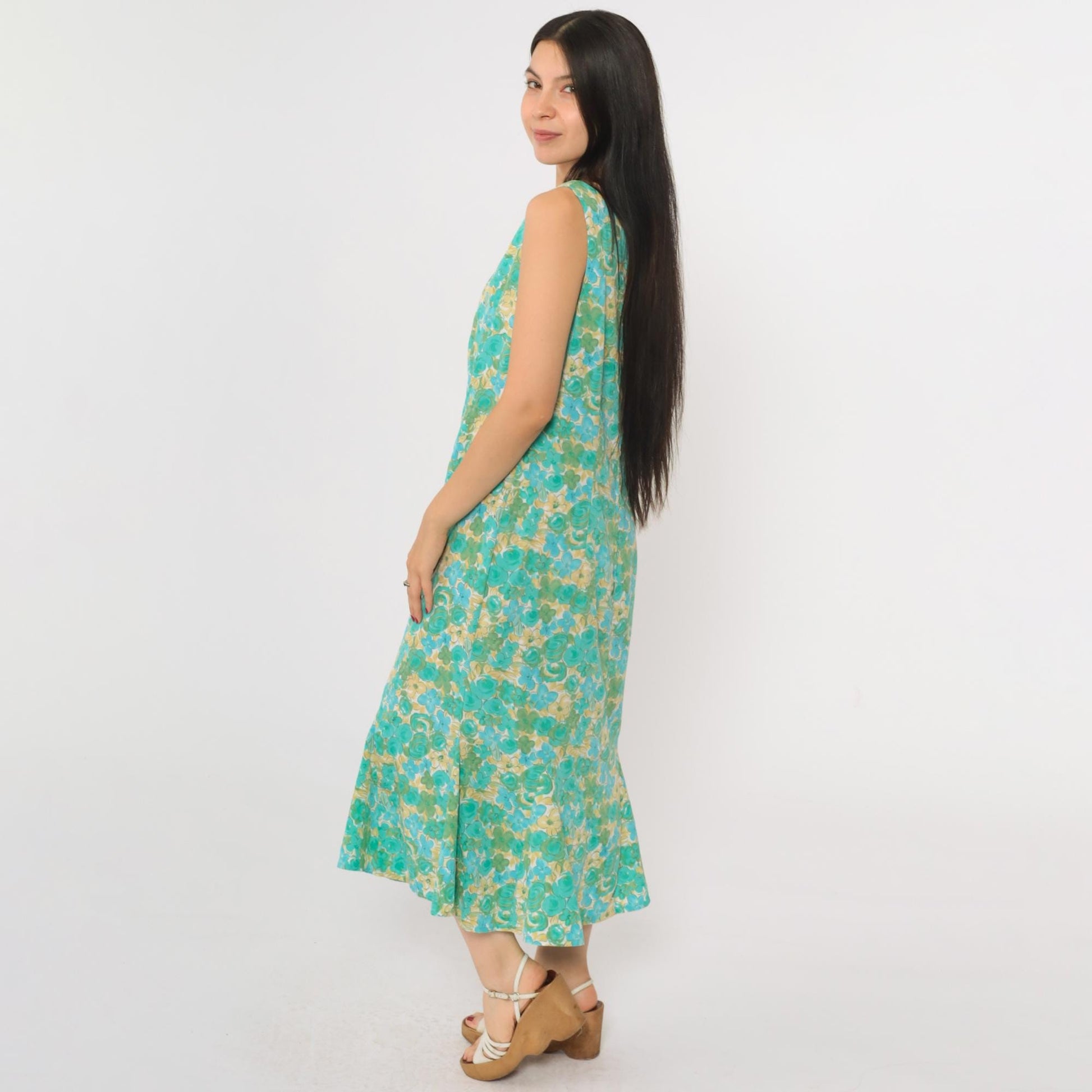 90s R & K Originals Floral Midi Dress Turquoise Blue Sleeveless Mermaid Hem Medium