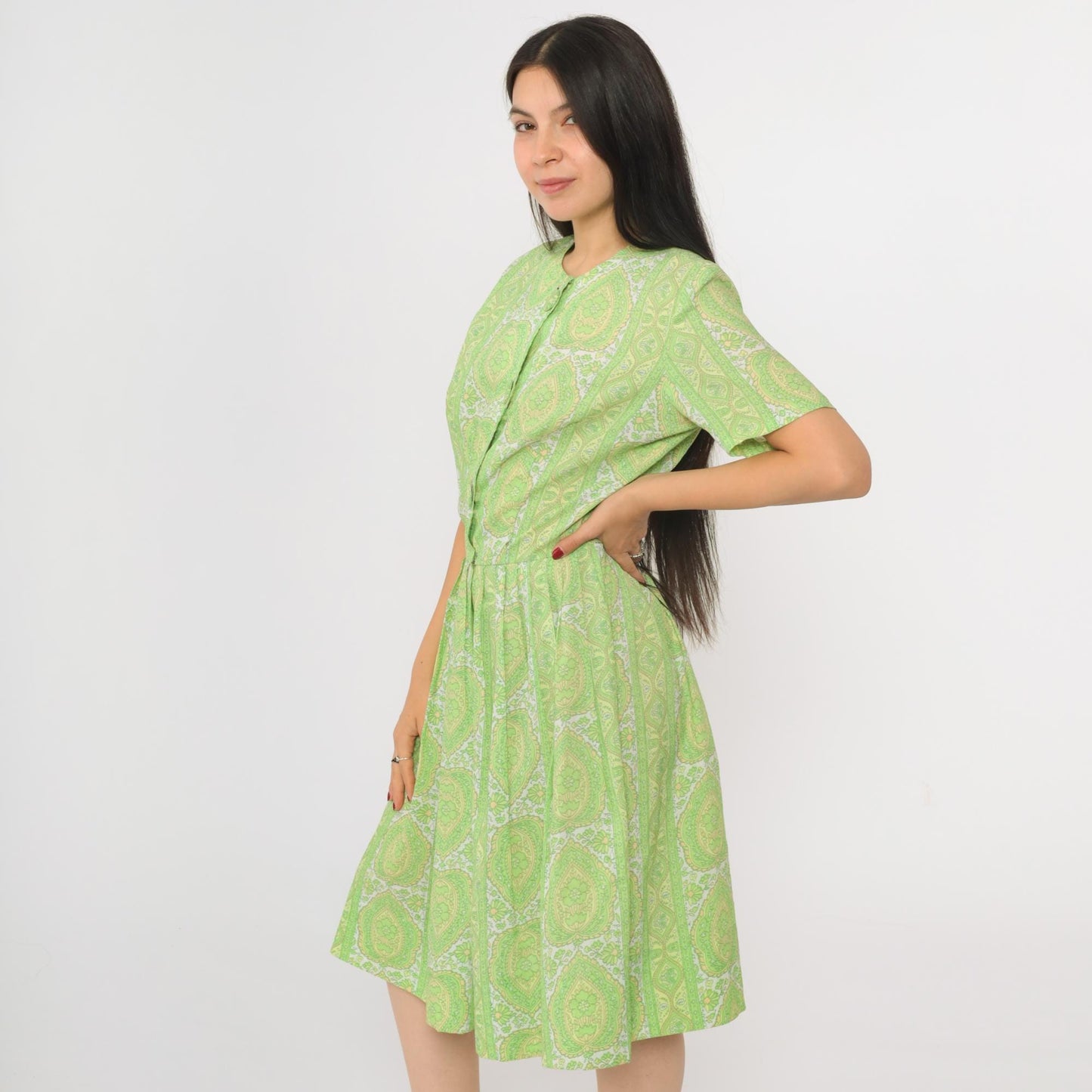 60s Green Floral Button-Up Dress Knee Length Pleated Skirt Small