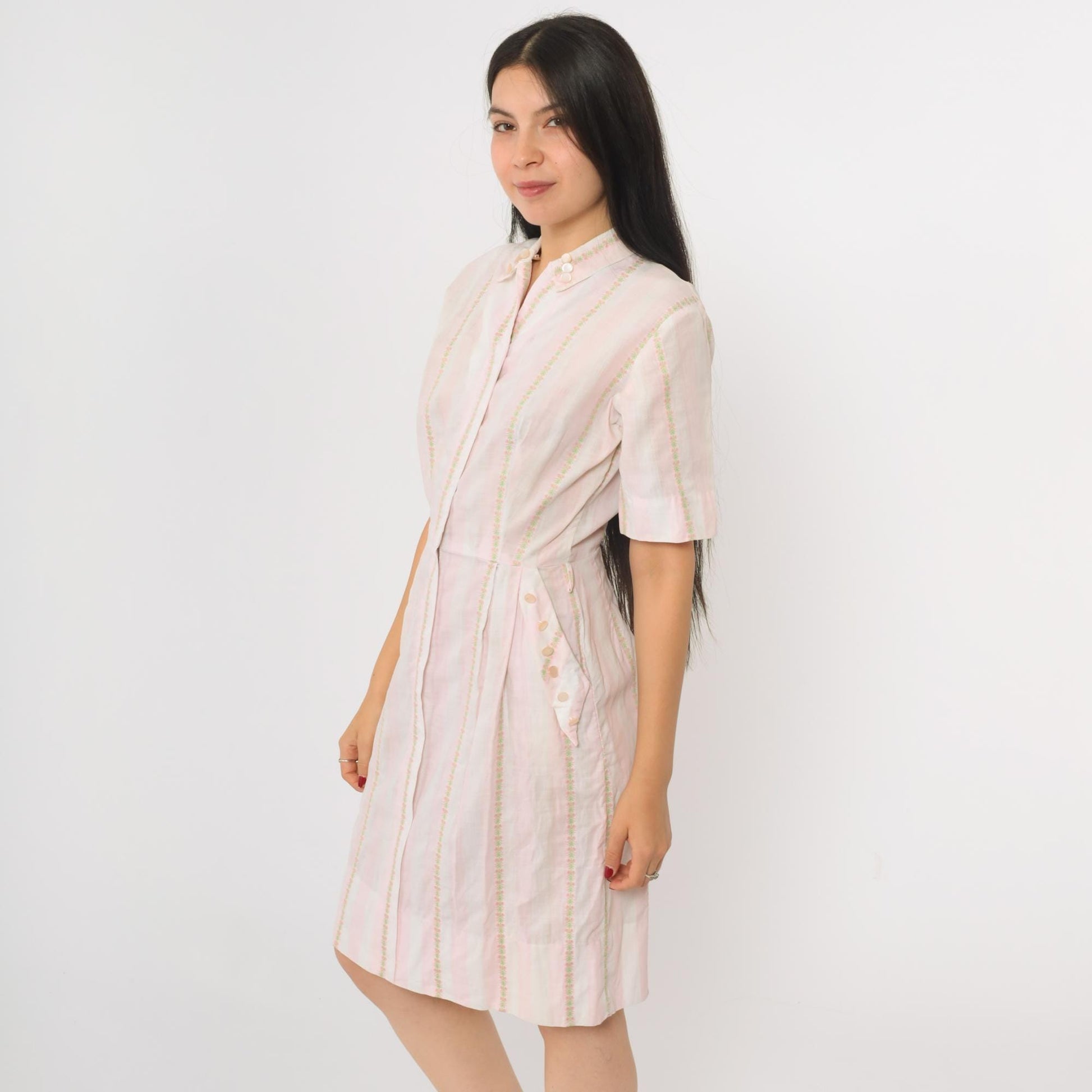 60s Pink White Striped Cotton Dress High Waist Zip Front Pockets Small