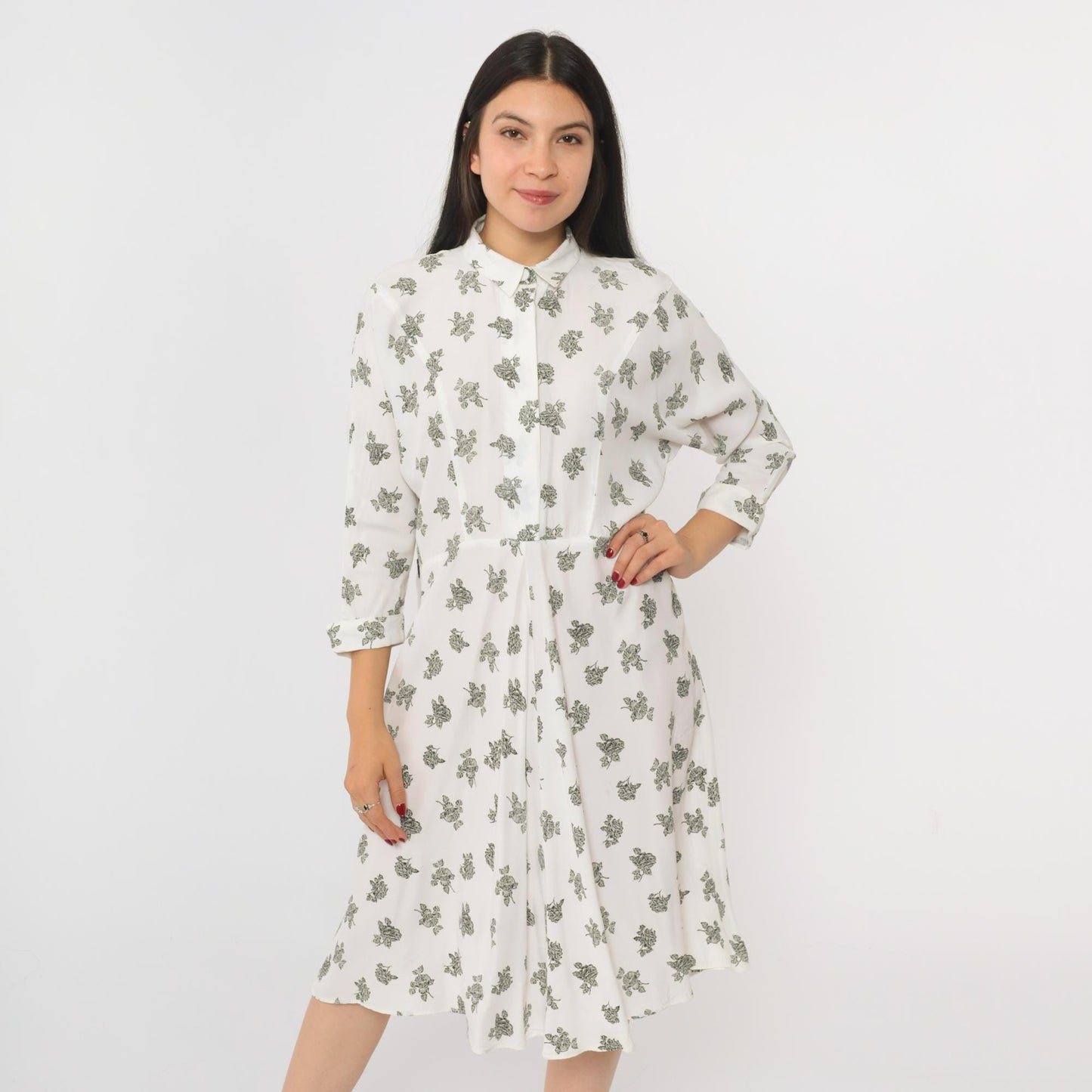 90s White Floral Button-Up Shirtdress Knee Length 3/4 Sleeve Small