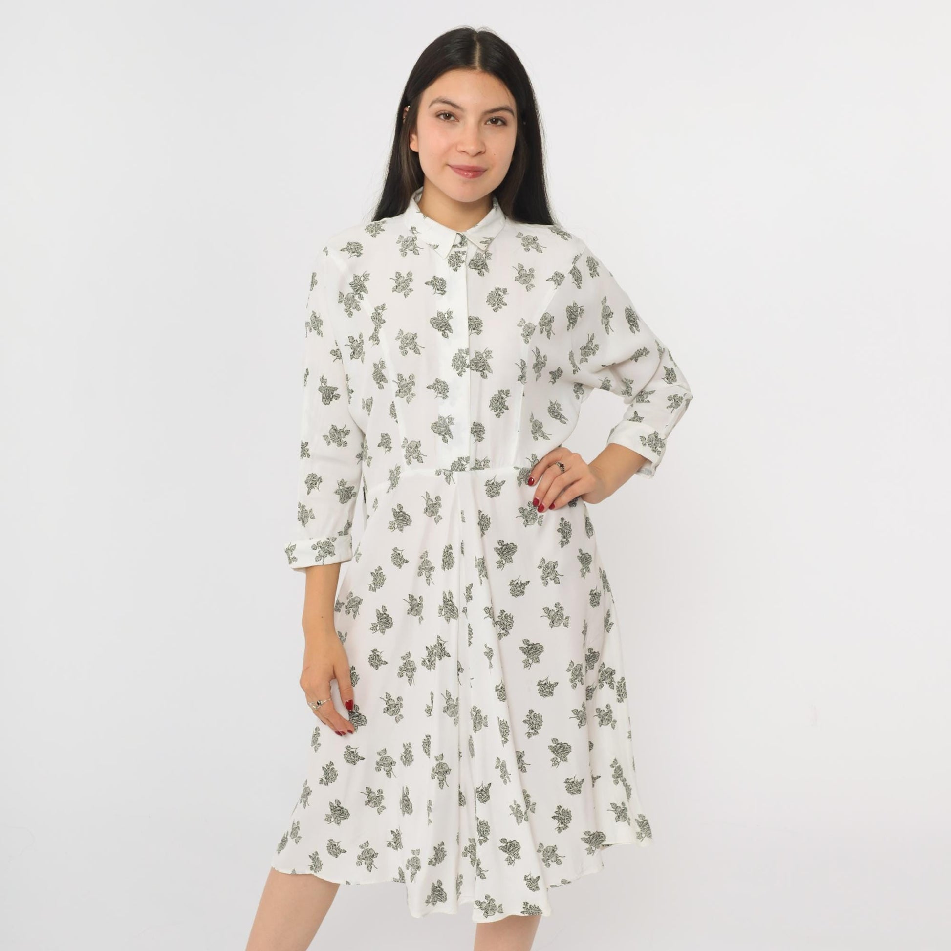90s White Floral Button-Up Shirtdress Knee Length 3/4 Sleeve Small