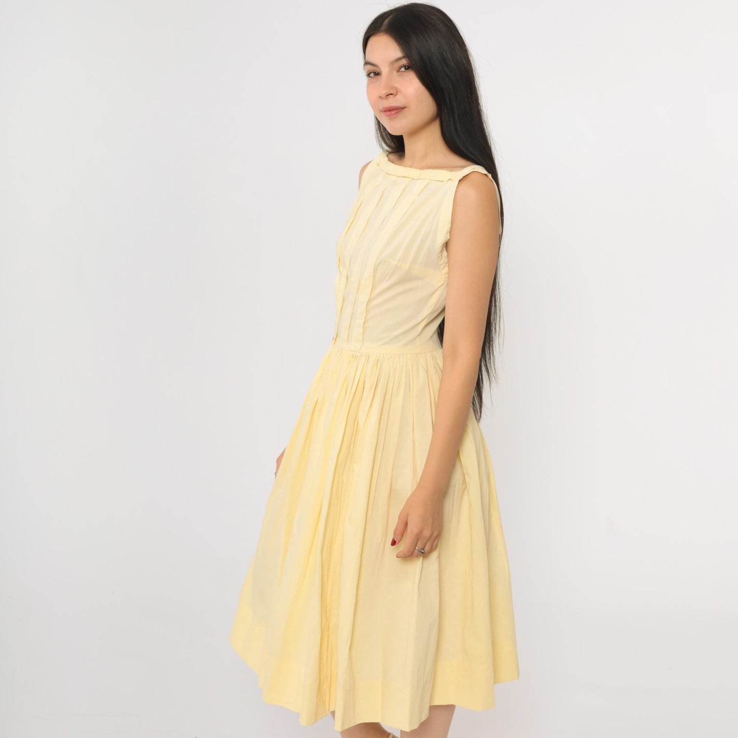 60s Yellow Boatneck Midi Dress Pleated Full Skirt Sleeveless Extra Small