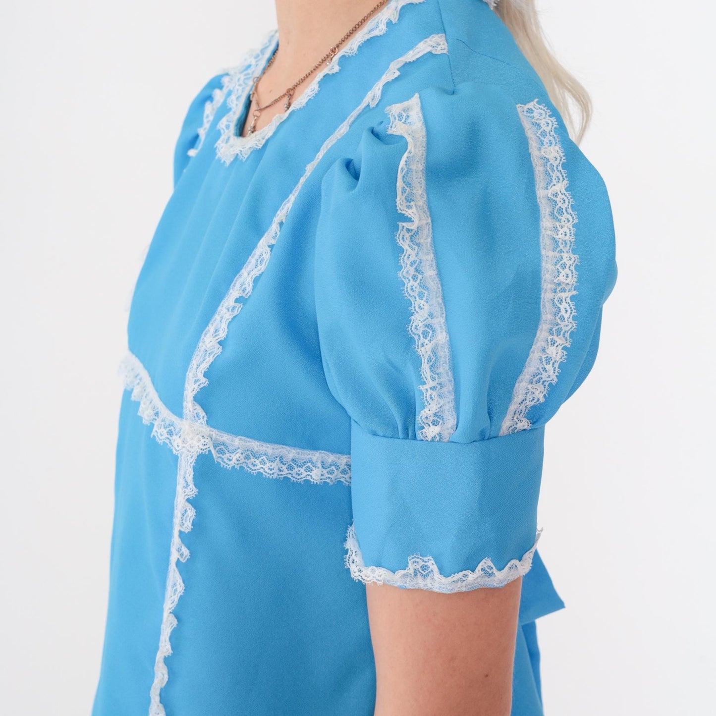 60s Babydoll Mini Dress Puff Sleeve Blue Lace Trim Empire Waist Small
