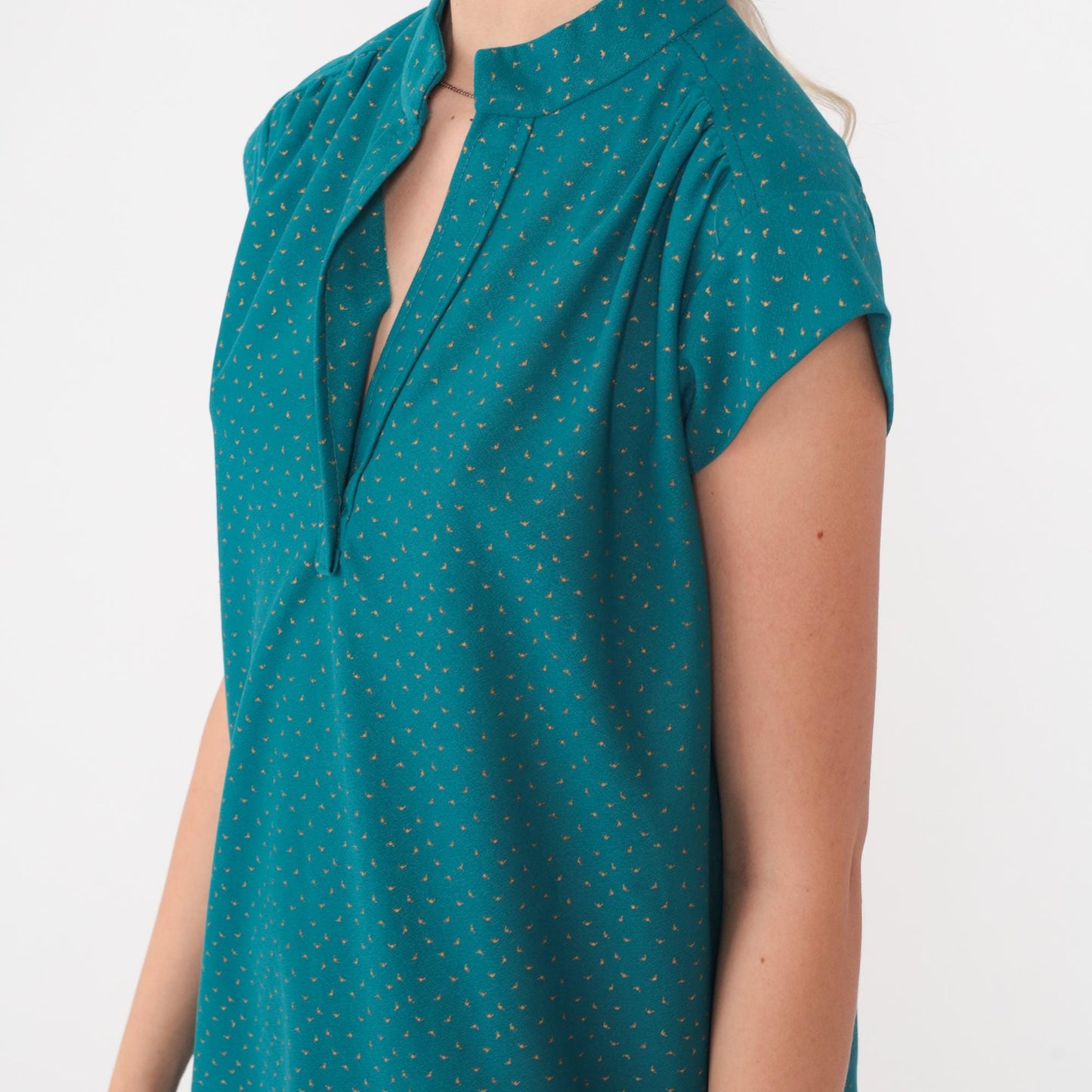 80s Teal Gold Confetti Dot Mini Shift Dress Cap Sleeve V-Neck Medium