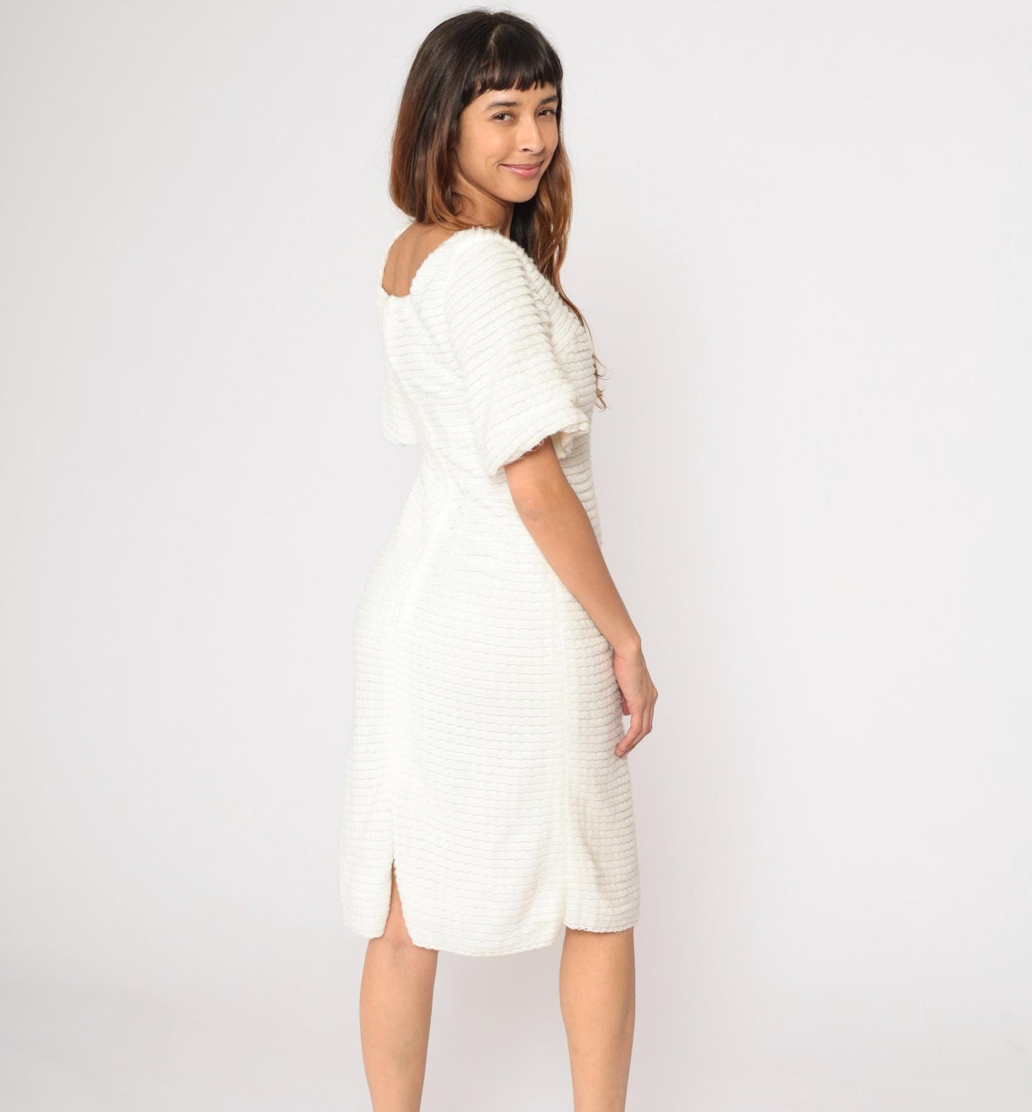60s White Textured Knit Dress Square Neck Puff Sleeve Sheath Midi Small