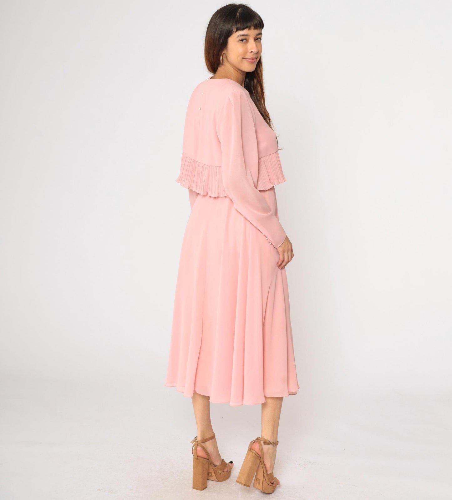 80s Ursula of Switzerland Pink Chiffon Midi Dress Puff Sleeve Bow Medium